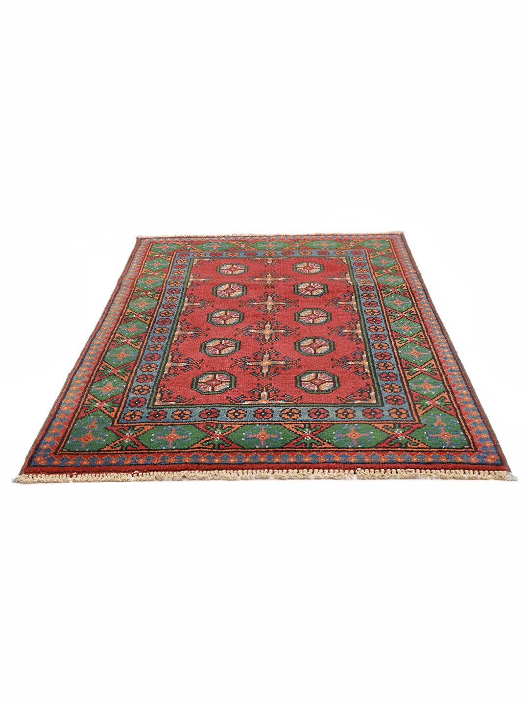 Hand-knotted Afghan Fine wool rug in red and green