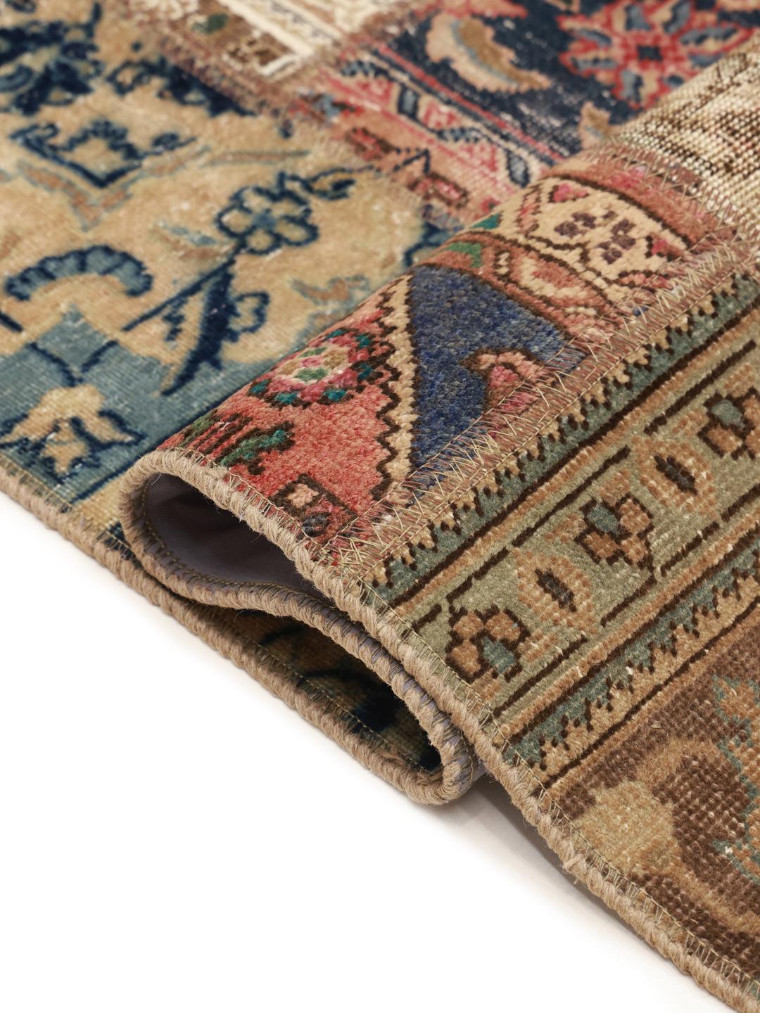 Ręcznie wiązany turecki chodnik Patchwork z wełny w kolorach wielobarwnym i beżowym