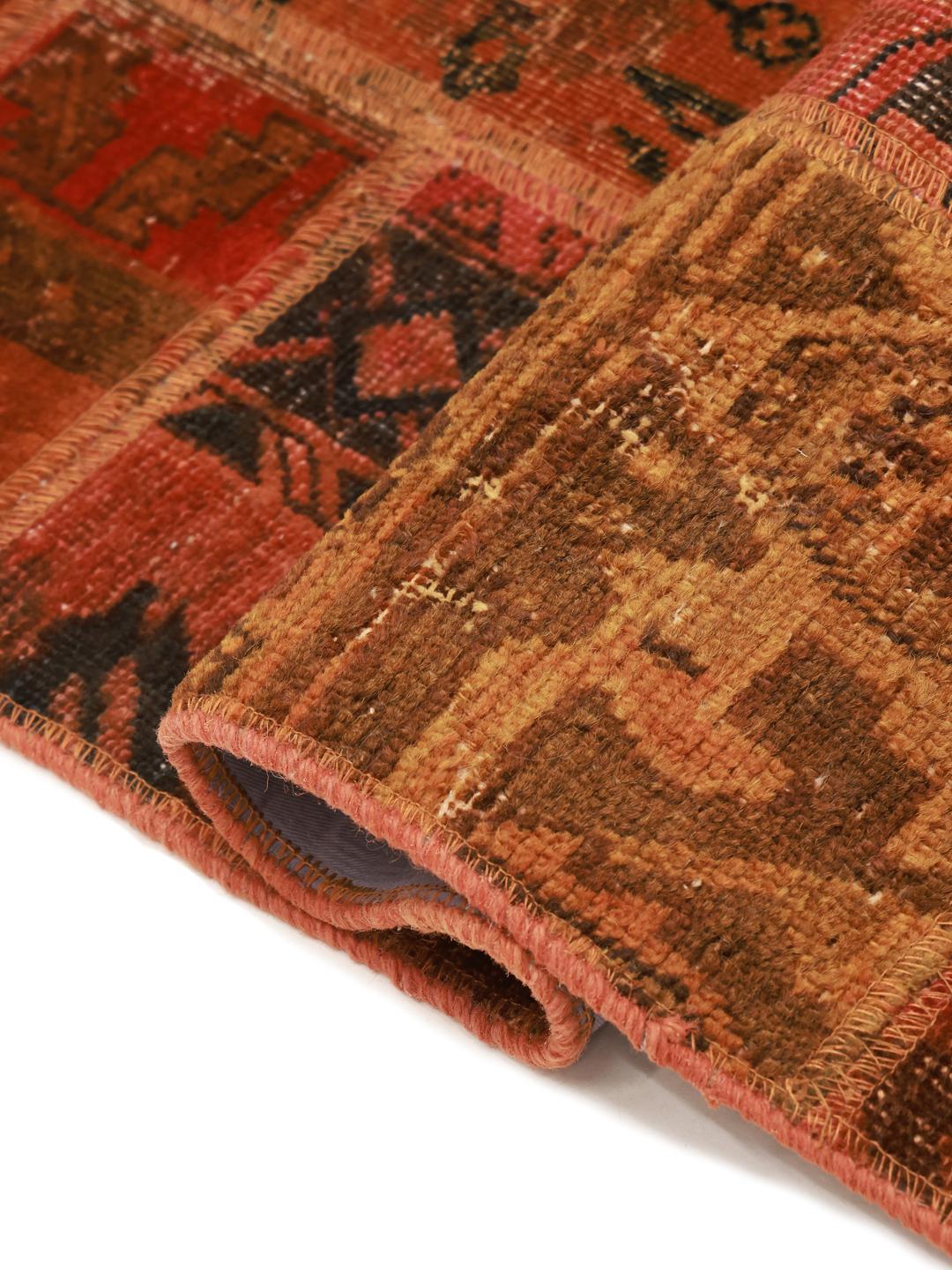 Ręcznie wiązany półantyczny turecki chodnik Patchwork w kolorze czerwonym i brązowym