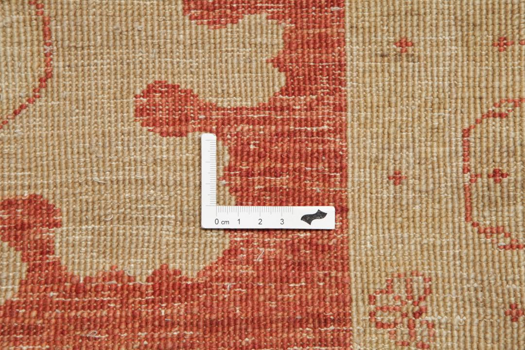 A large hand-knotted rug from Pakistan featuring a beige field and terracotta floral border.