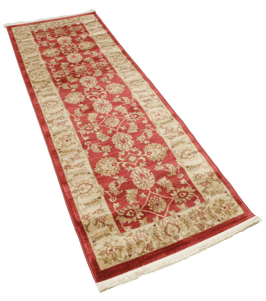 Rode loper met traditionele bloemmotieven en decoratieve randen