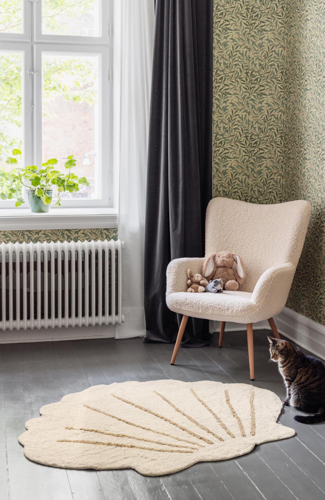 Off-white schelpvormig katoenen vloerkleed met machinewasbare eigenschappen