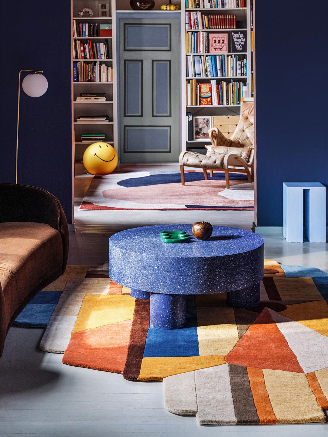 Onregelmatig blauw en oranje vloerkleed