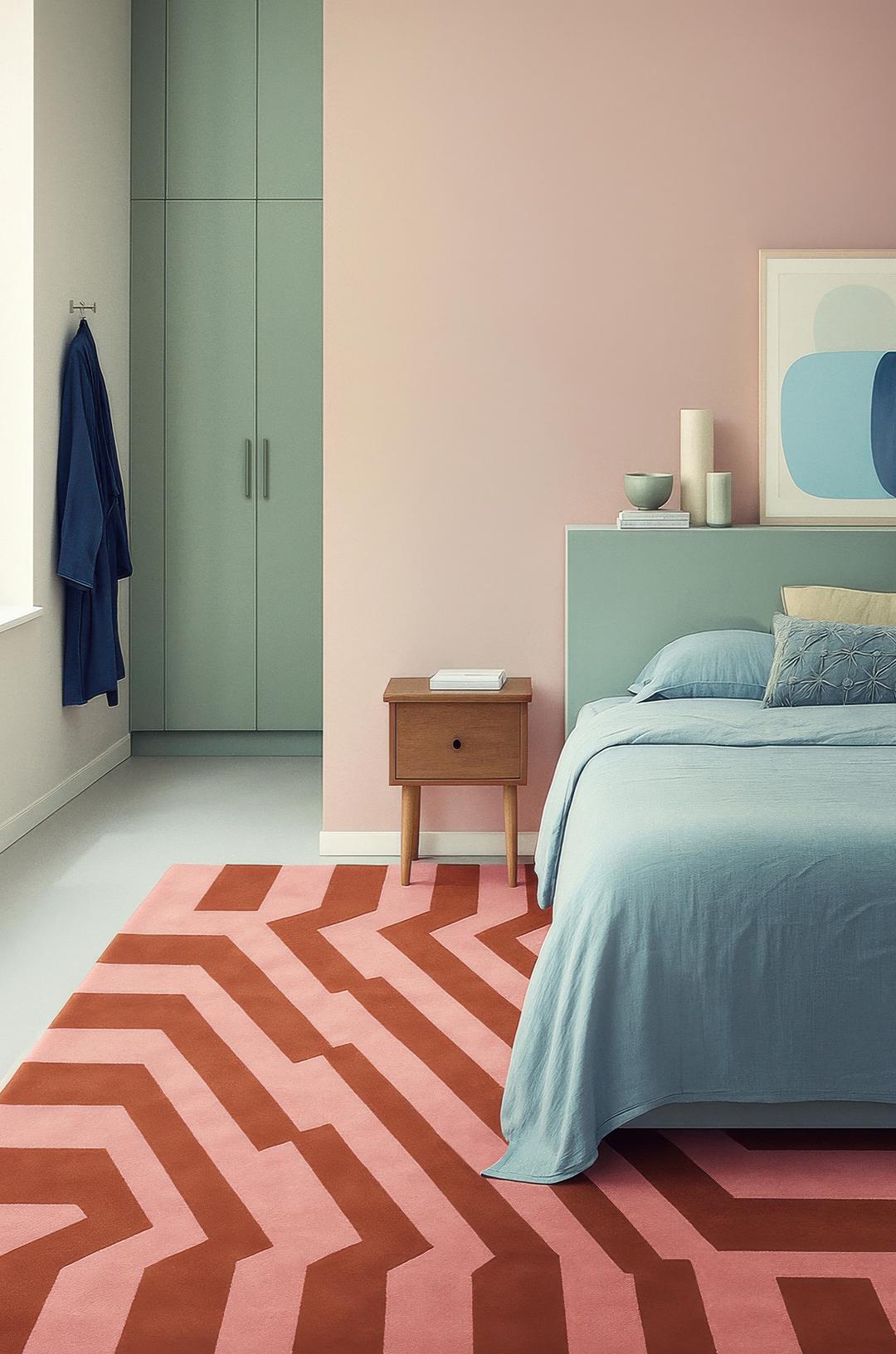 Rood en roze vloerkleed met een geometrisch patroon