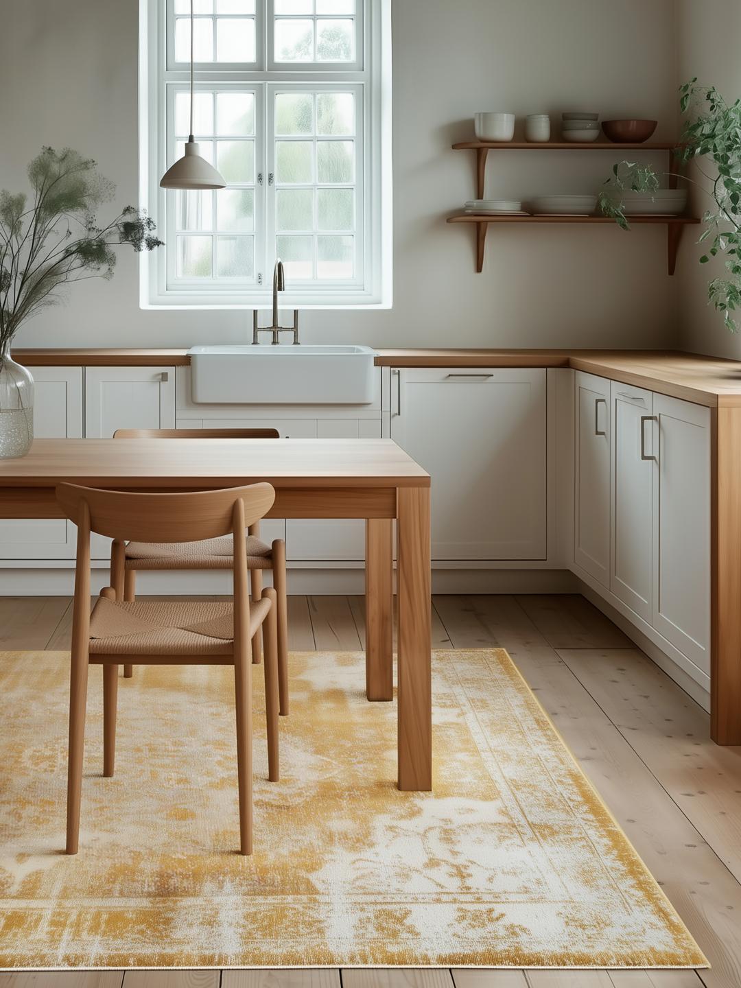 Geel vloerkleed met een zachte pool en decoratieve franjes