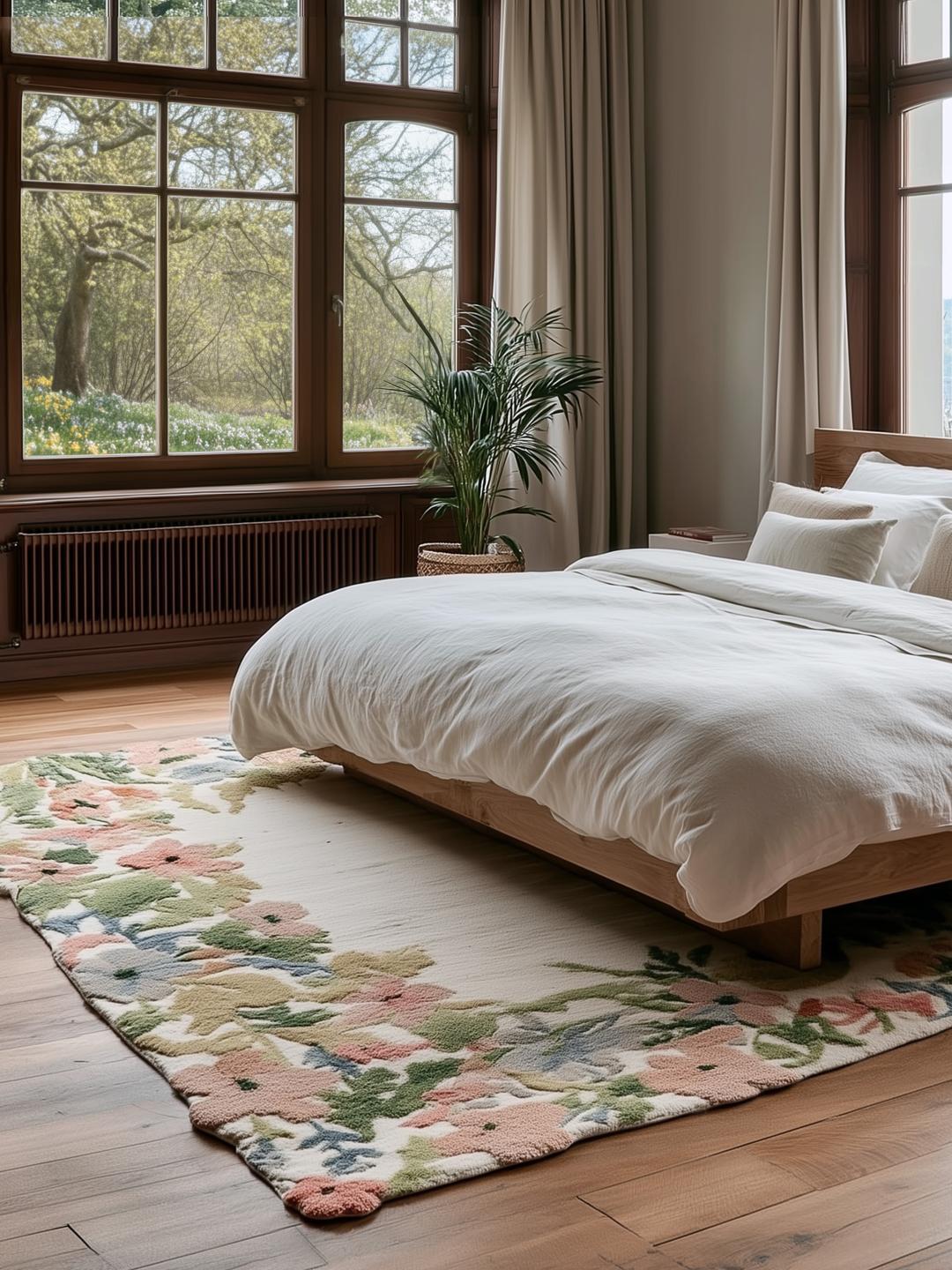 Multicolor tapijt met bloemenrand en wollen pool