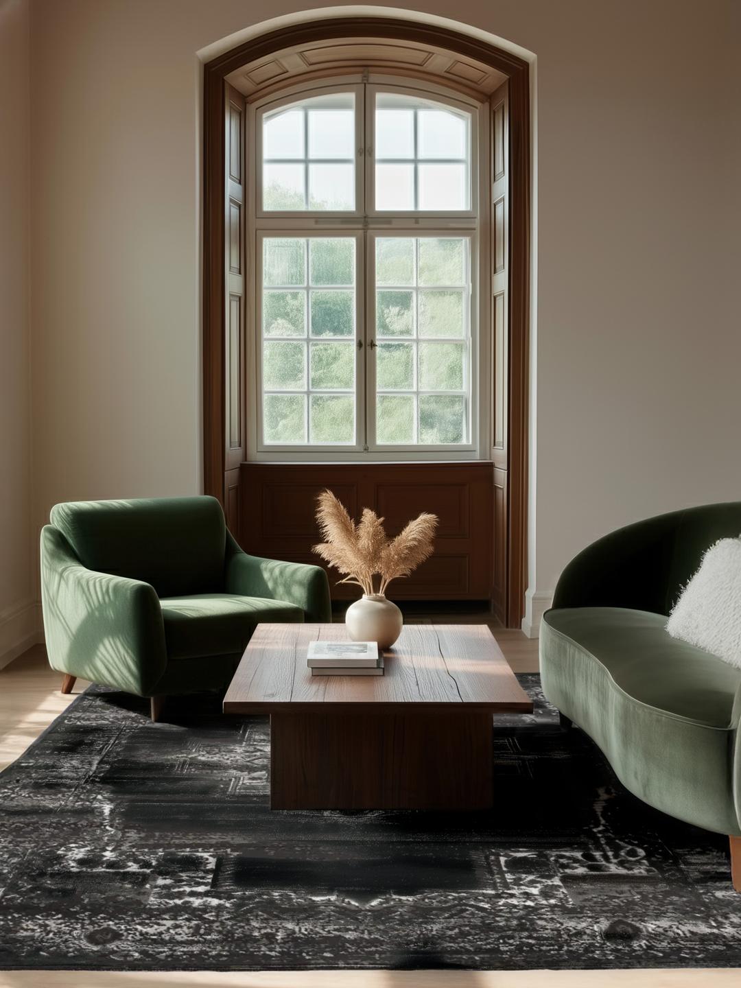 Zwart vloerkleed met een klassiek patroon