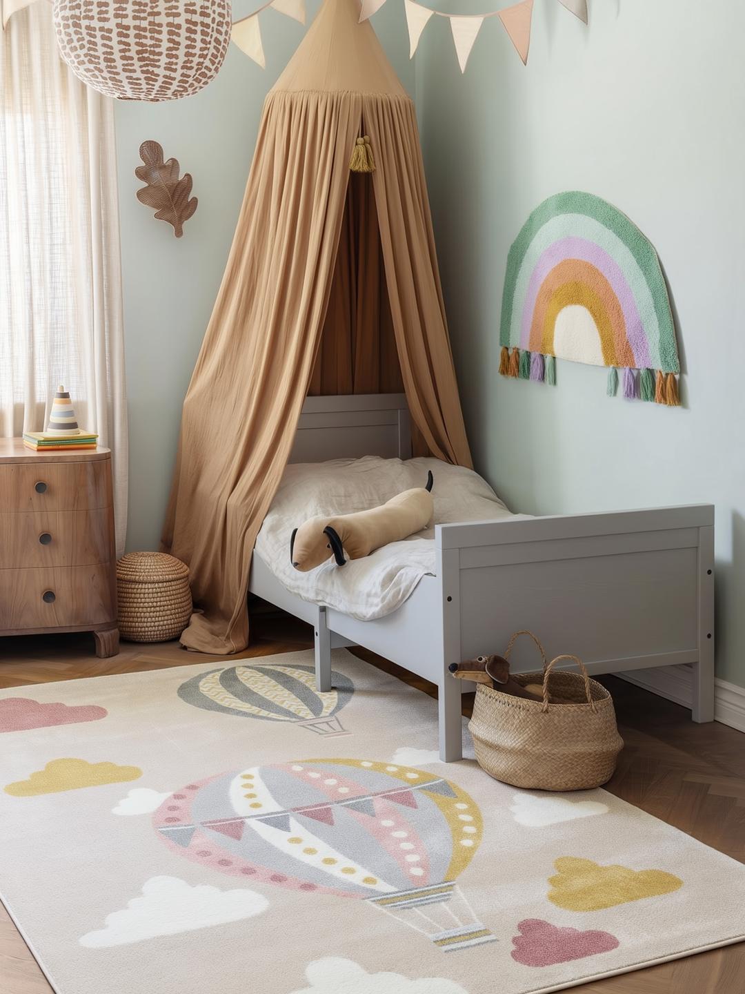 beige en roze tapijt met heteluchtballon patroon