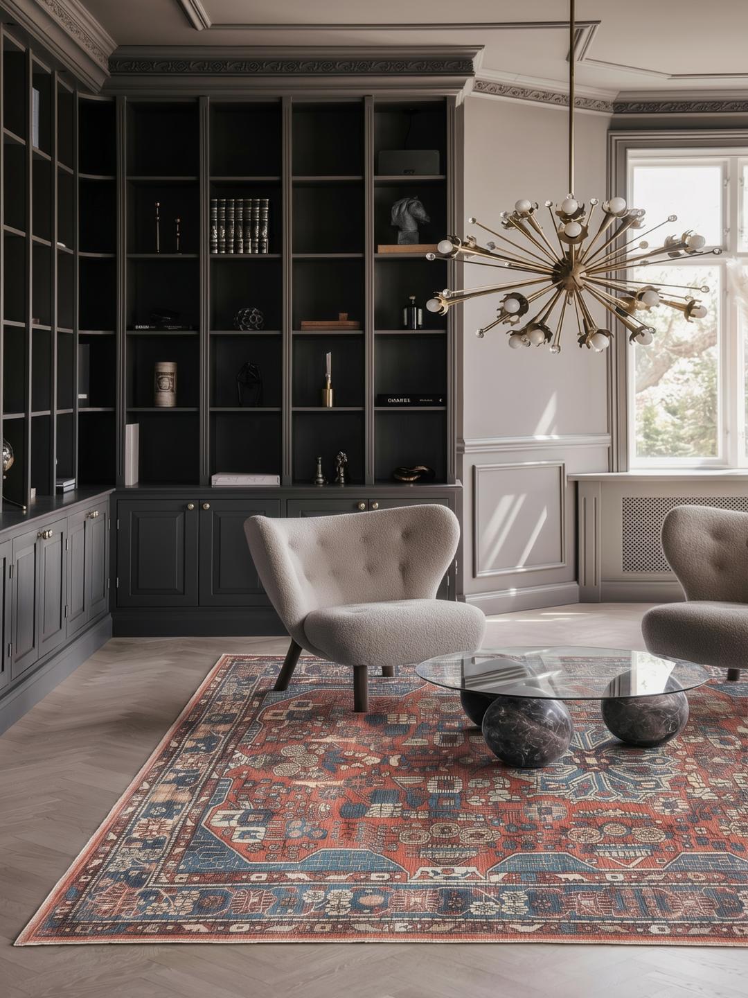 Rood en blauw tapijt met traditionele motieven