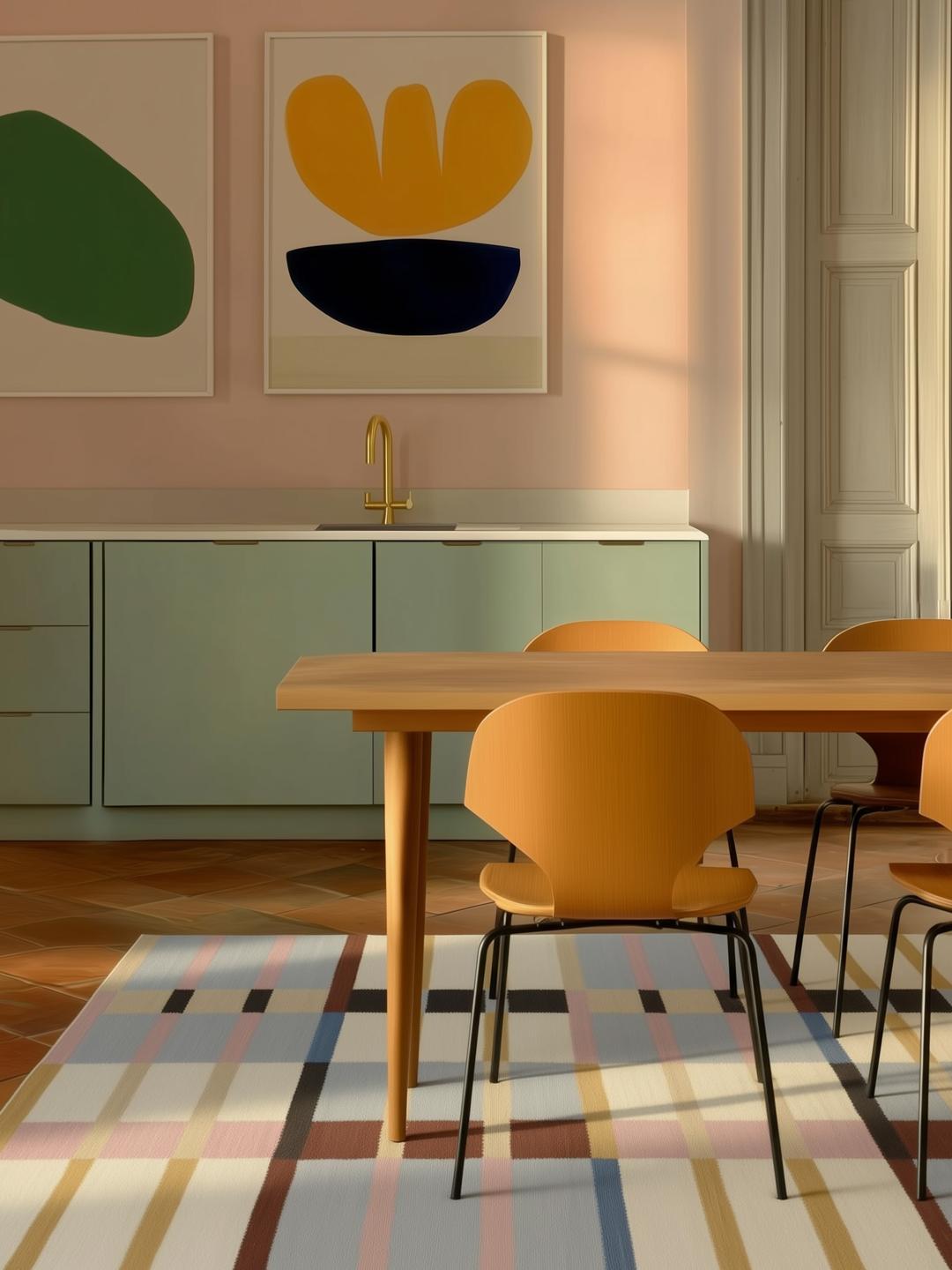 Een rechthoekig geweven tapijt in veelkleurige tinten met een geometrisch ruitpatroon.