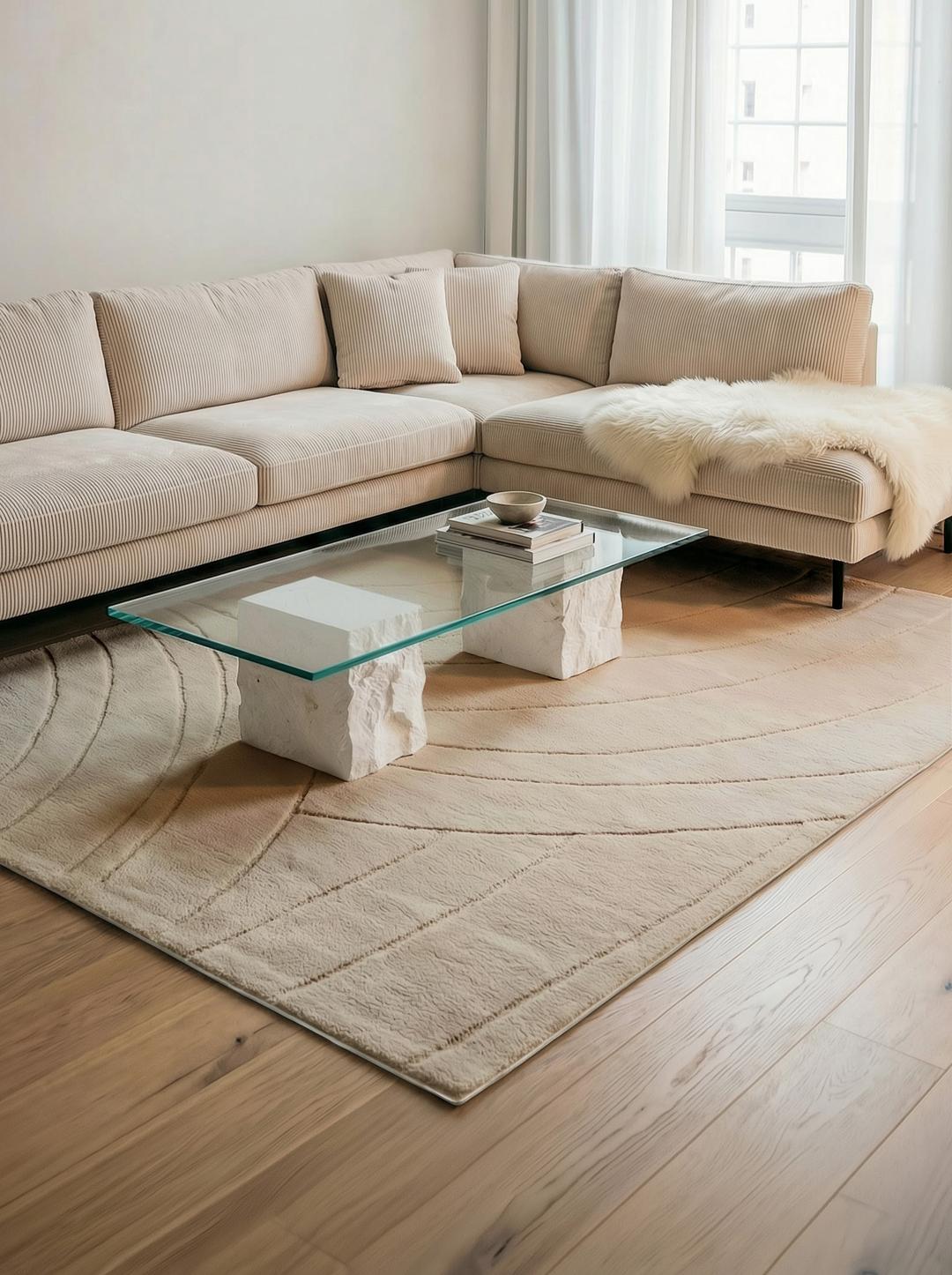 Beige vloerkleed met gebogen ontwerp in hoog en laag pool