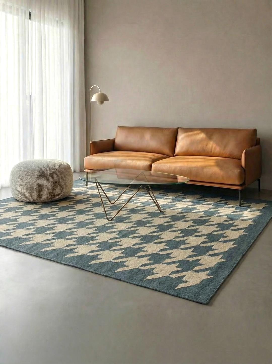 Houndstooth-vloerkleed in blauw en beige