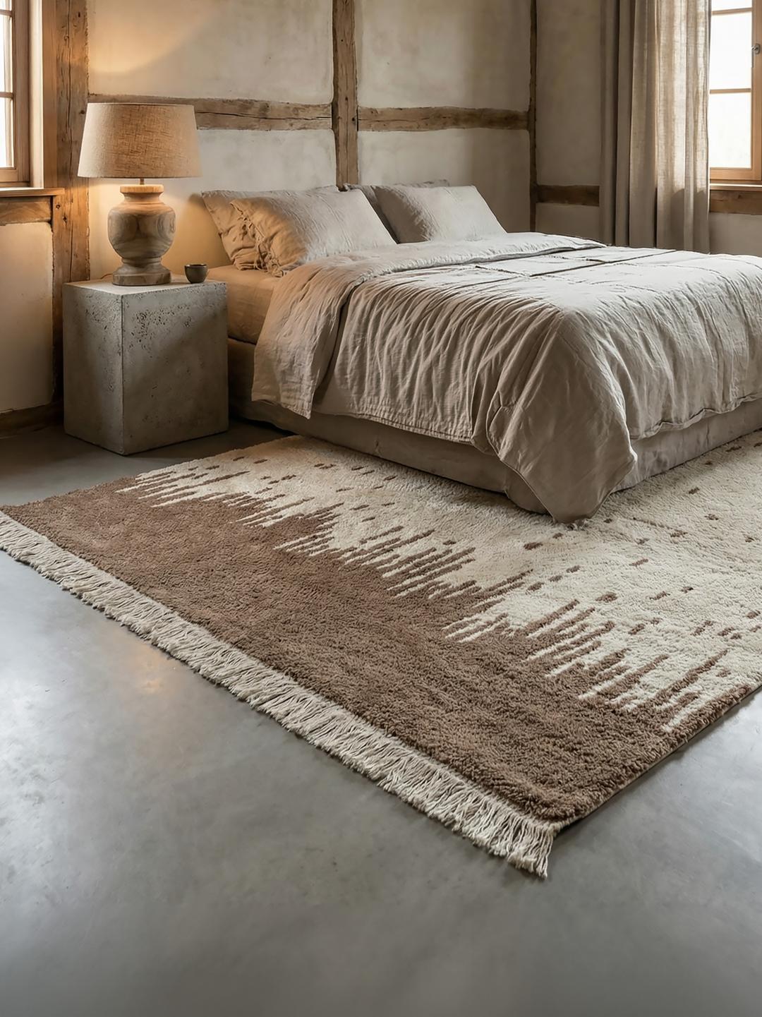 Beige en wit tapijt met organisch patroon en franjes