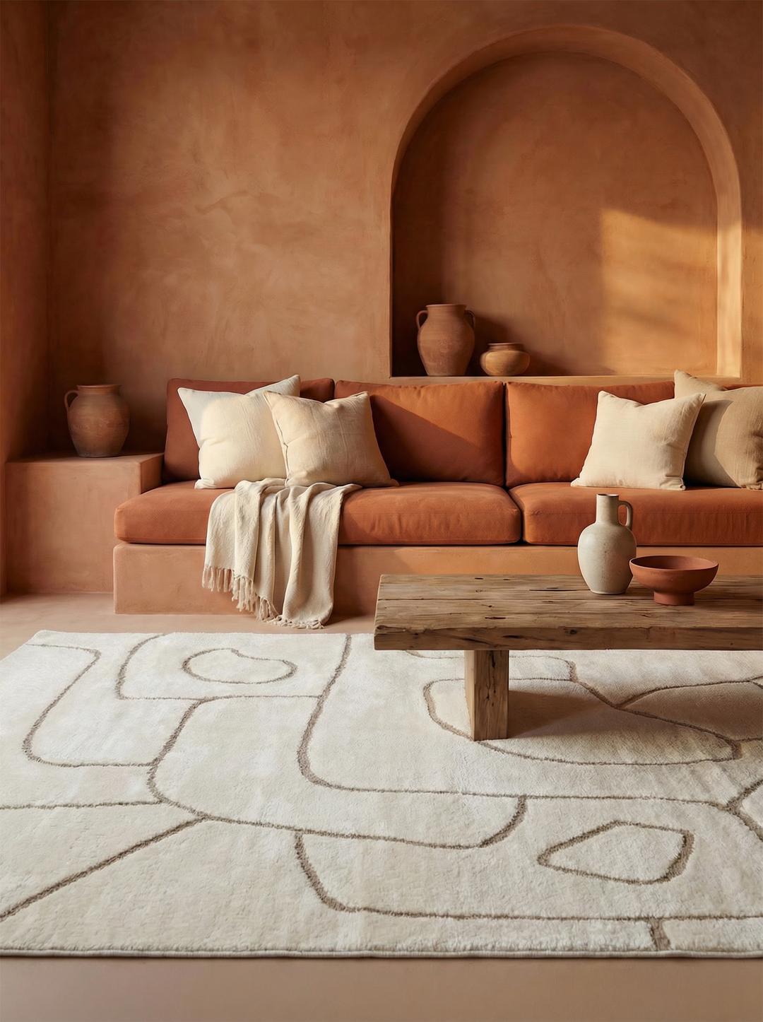 Wit en beige tapijt met hoog-laag poolontwerp