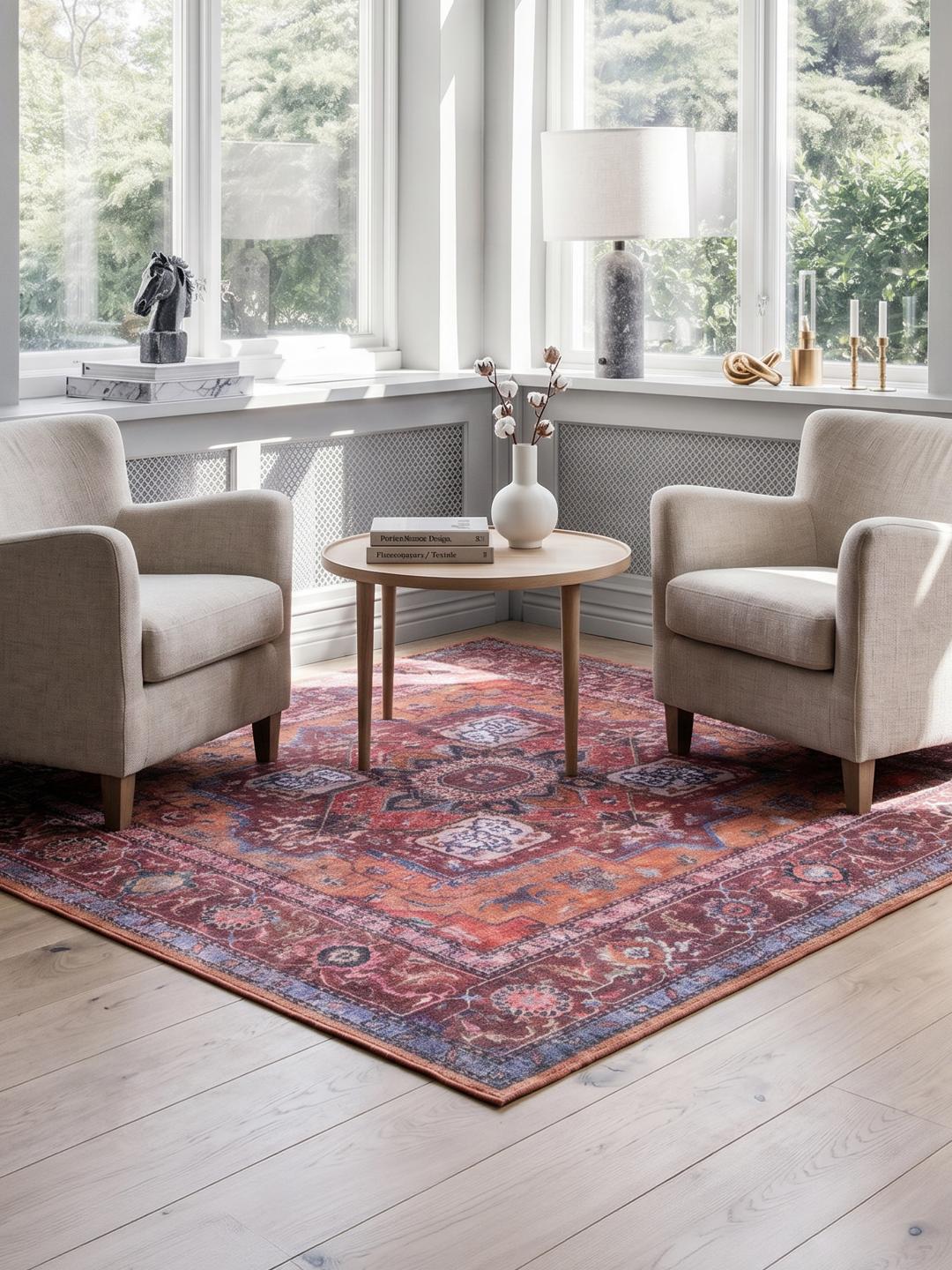 Vierkant rood en blauw vloerkleed met traditioneel oosters patroon.