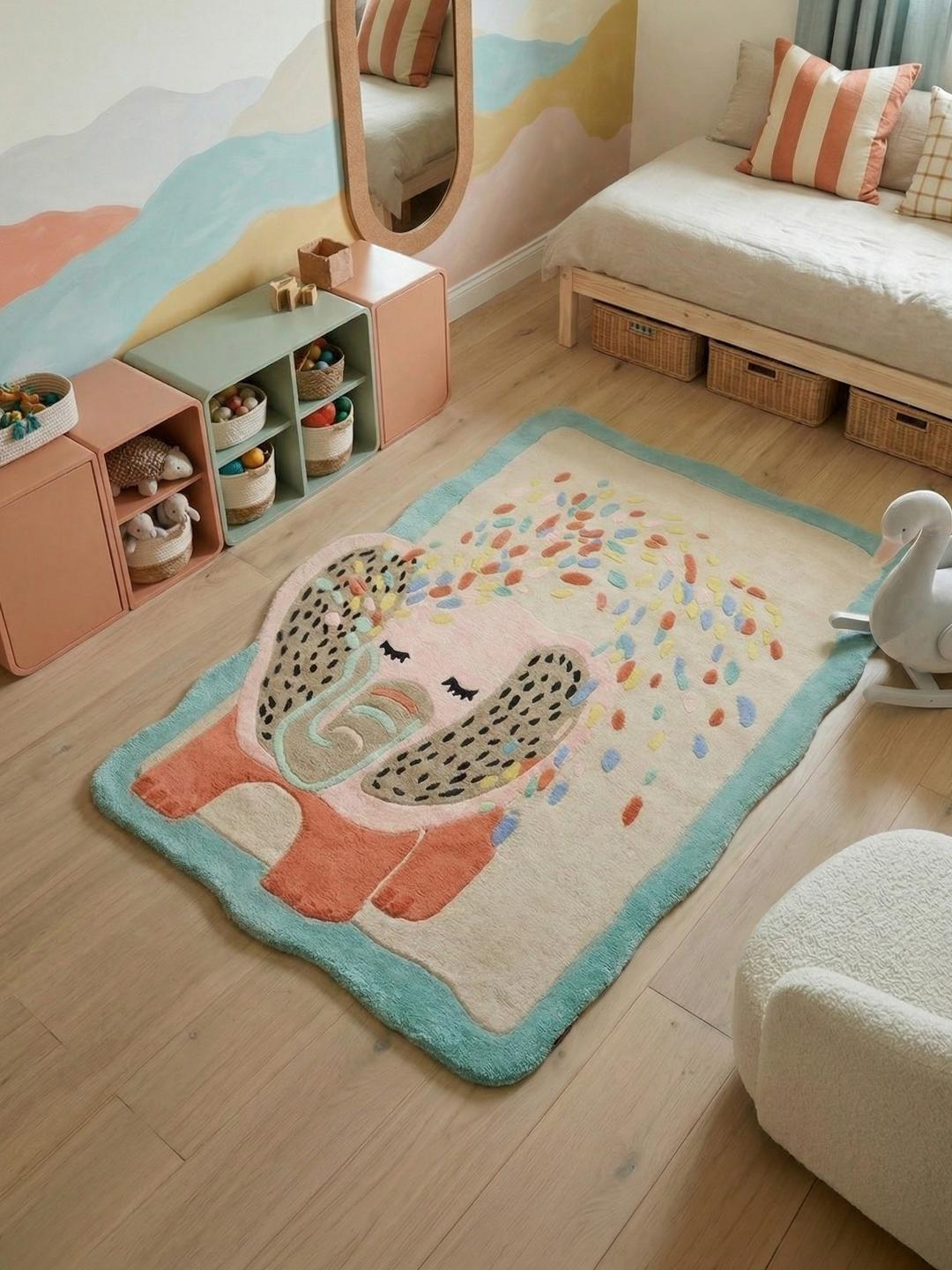 Een veelkleurig tapijt met een speels olifantenontwerp en kleurrijke accenten.