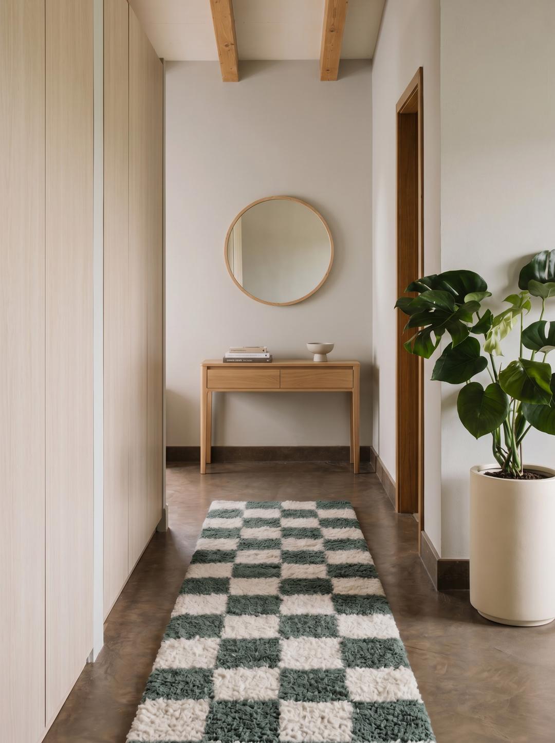 Loper vloerkleed in groen en wit met een geruit patroon