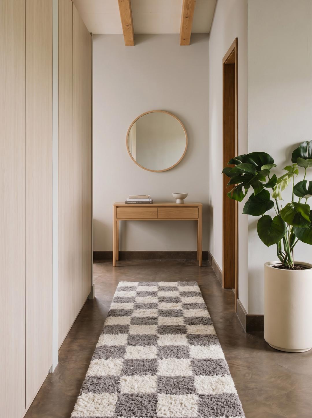 Un tapis de couloir à motif damier gris beige et blanc cassé
