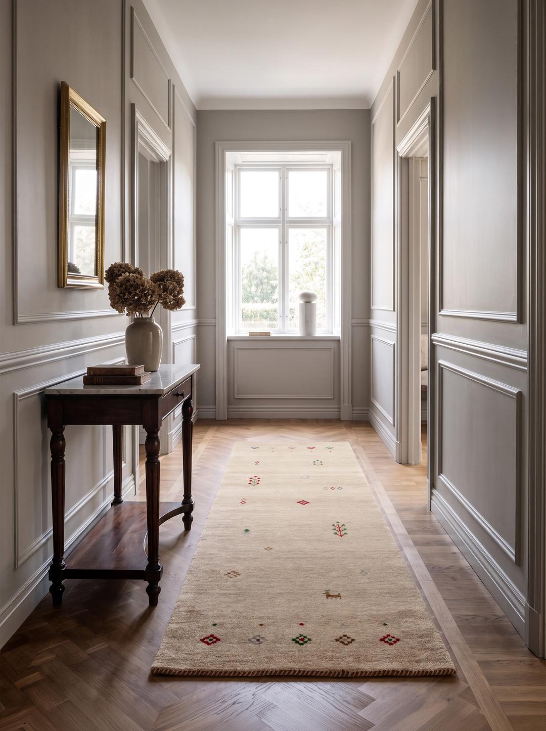 Beige håndknyttet uldløber med fine motiver