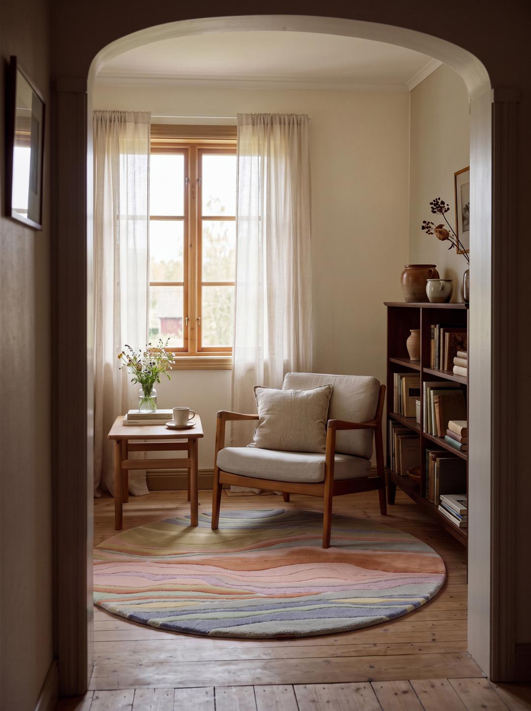 A round multicolor rug featuring organic, flowing lines in soft pastel and earthy tones.