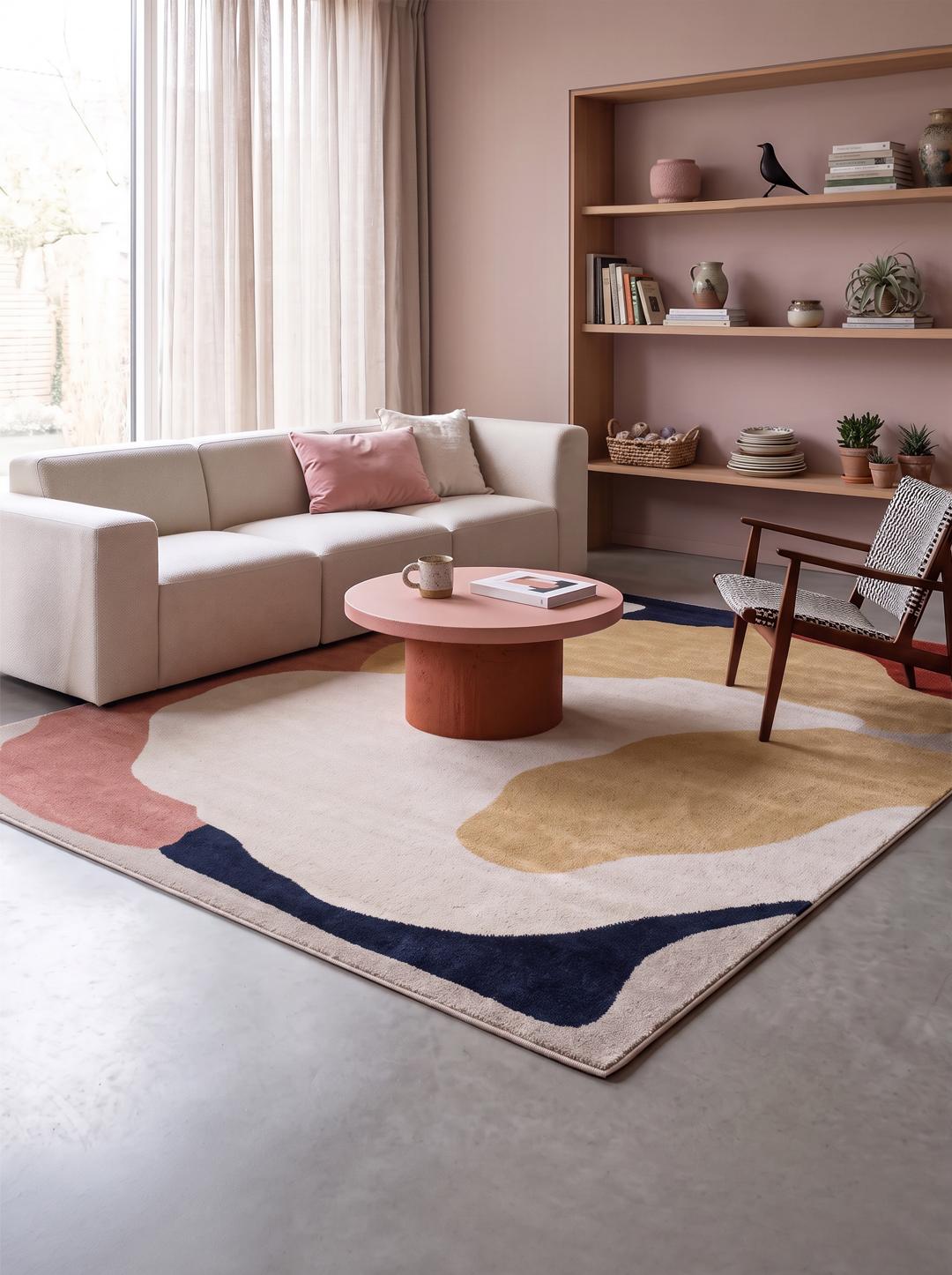 Yellow and cream pile rug with organic abstract pattern