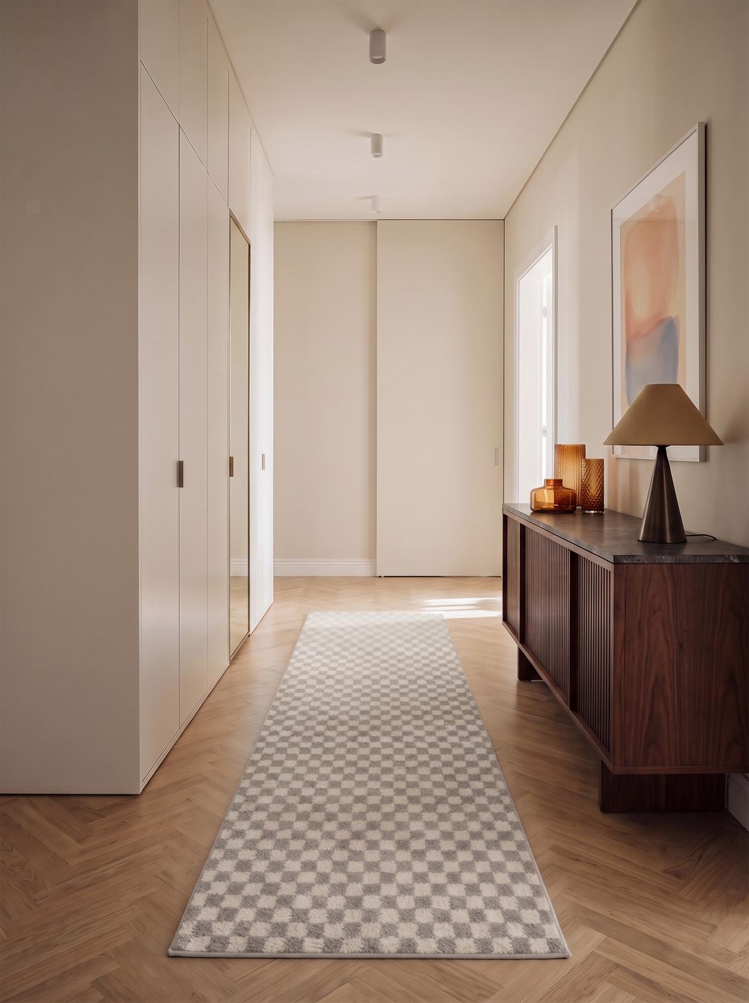 A light grey and white checkered runner rug