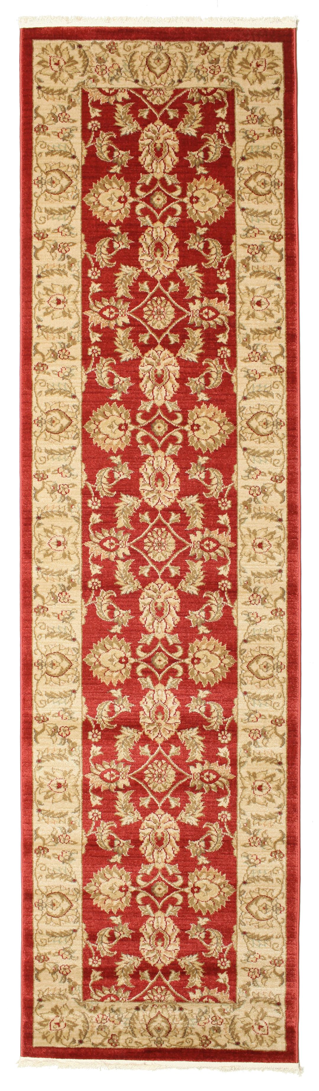 Rode loper met traditionele bloemmotieven en decoratieve randen