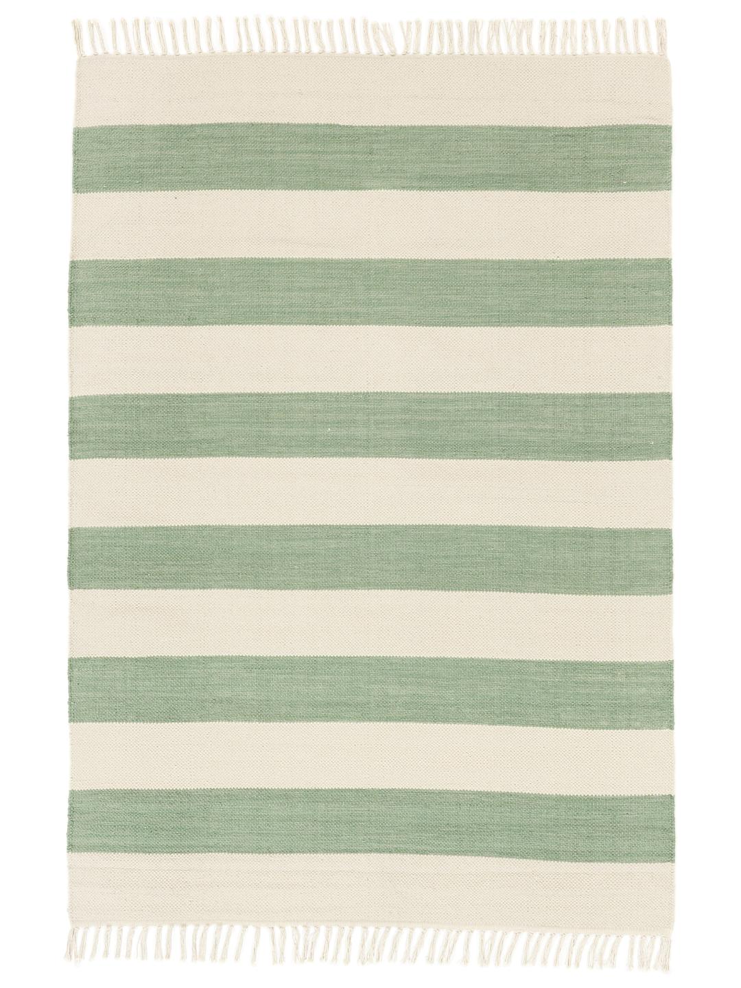A hand-woven cotton rug featuring a mint green and cream striped pattern with fringe ends.