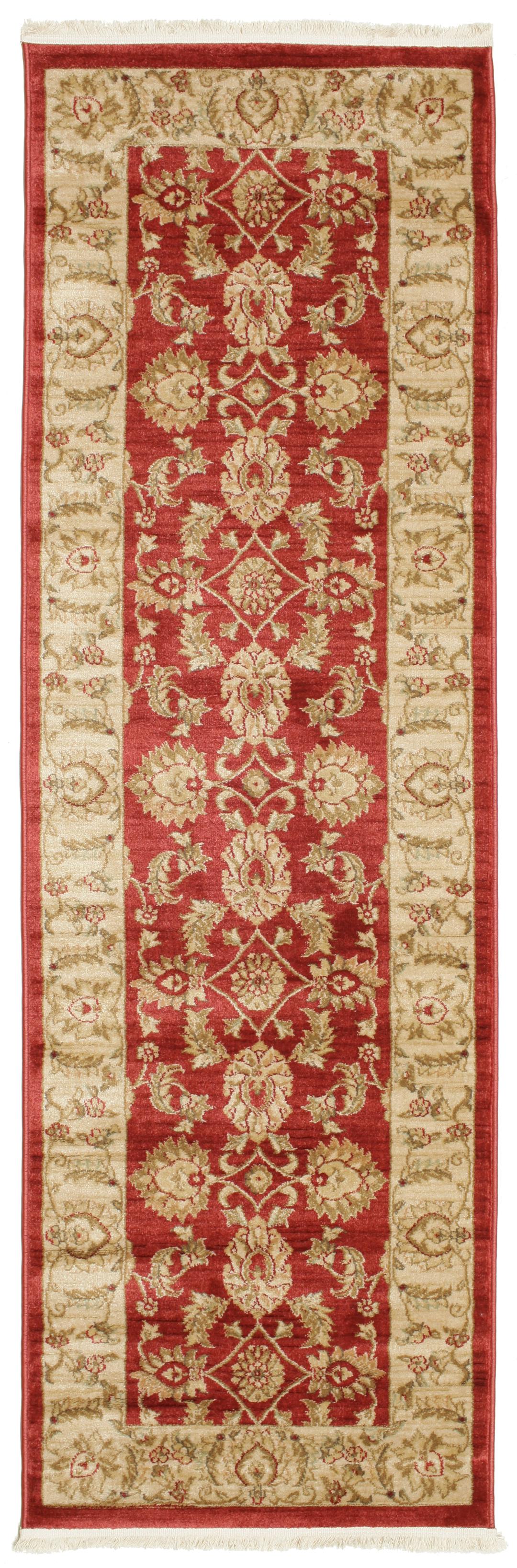 Rode loper met traditionele bloemmotieven en decoratieve randen