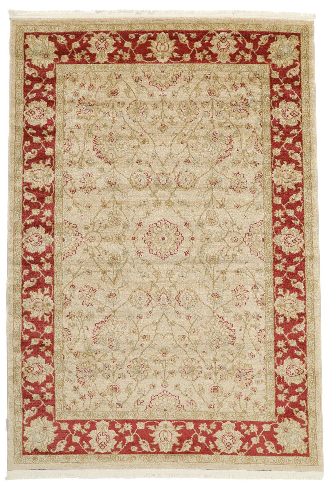 Beige og rødt tæppe med blomstermotiver