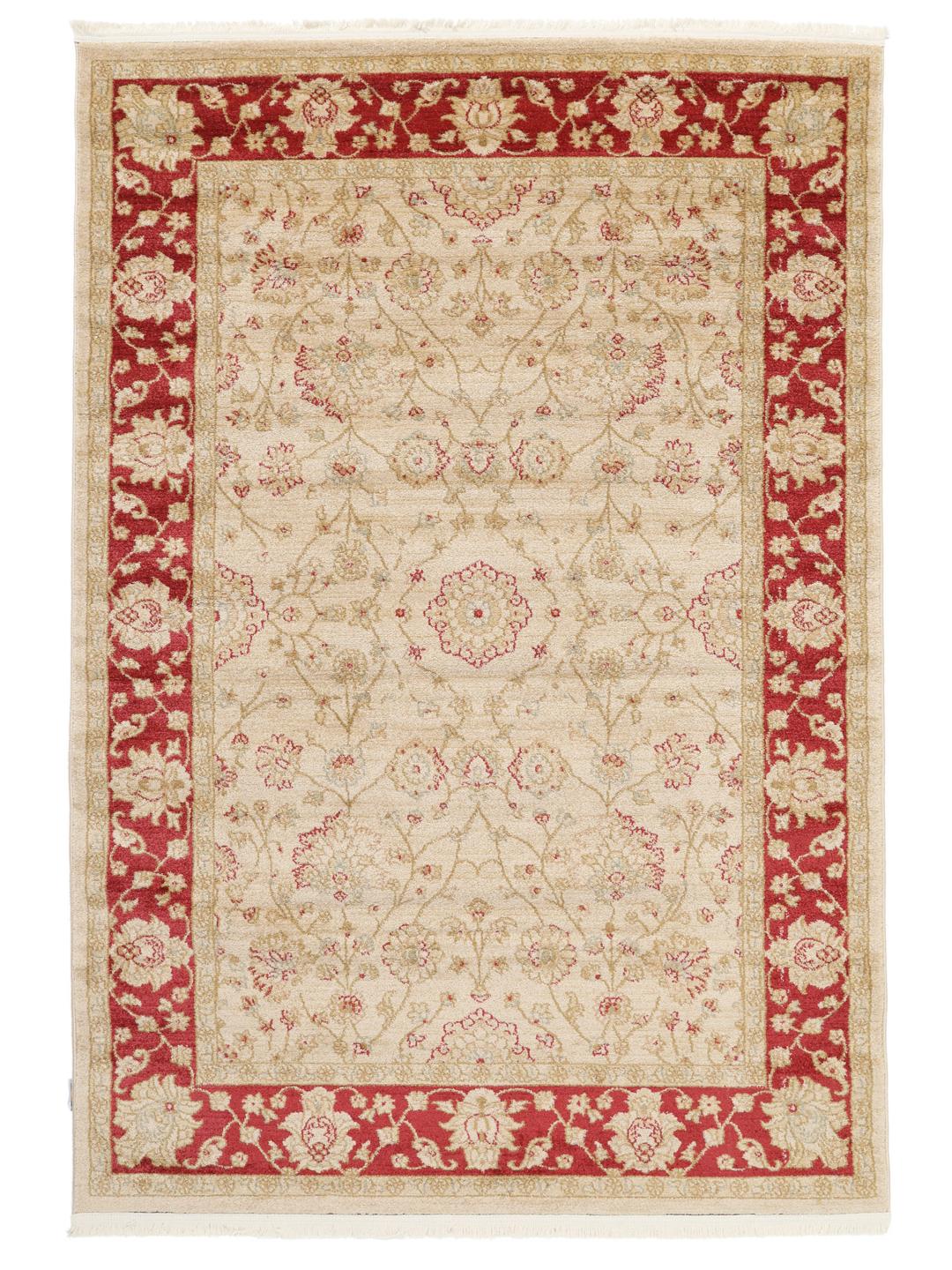 Beige og rødt tæppe med blomstermotiver