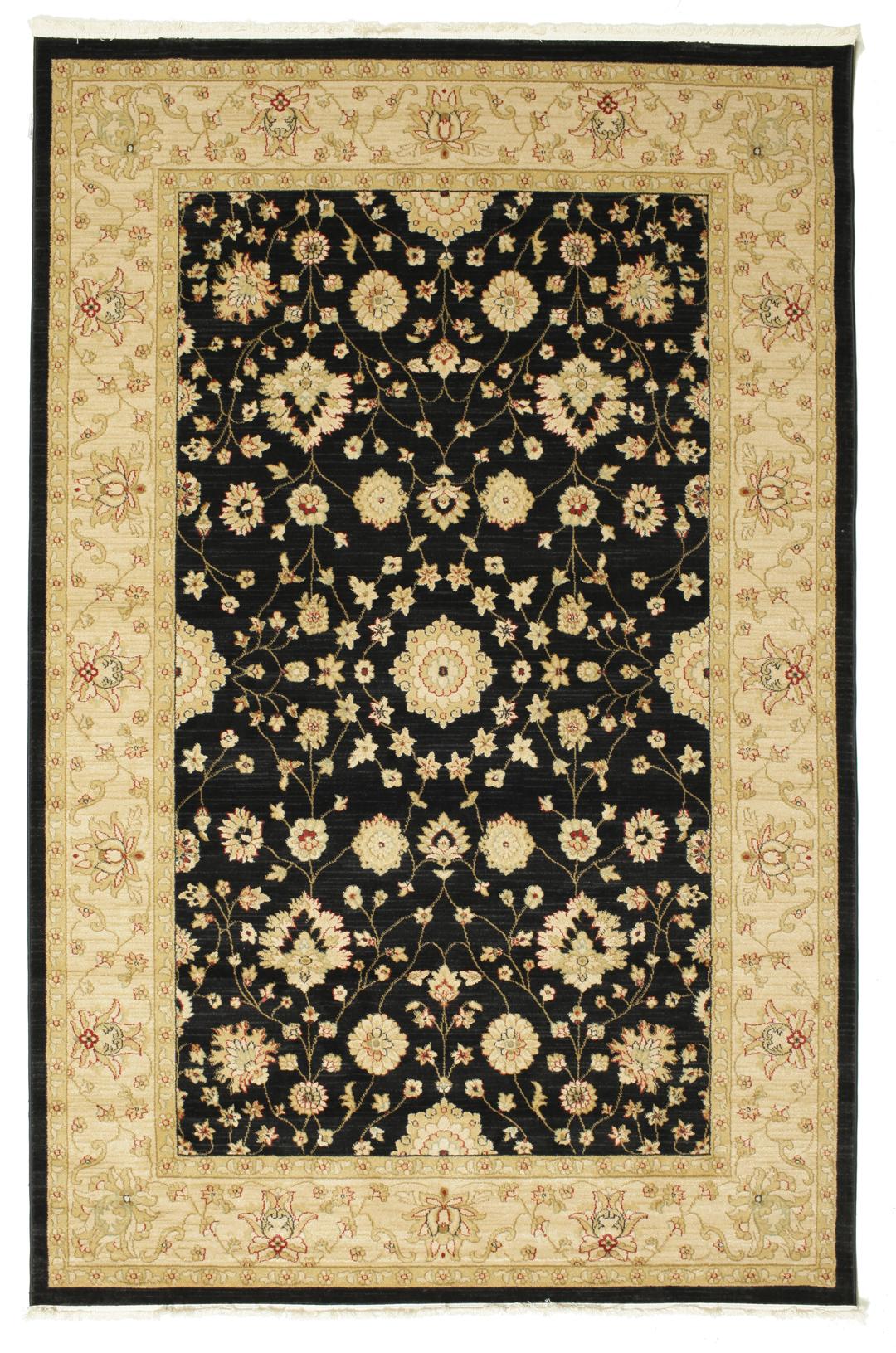 A rectangular floral rug with a black field and beige border.