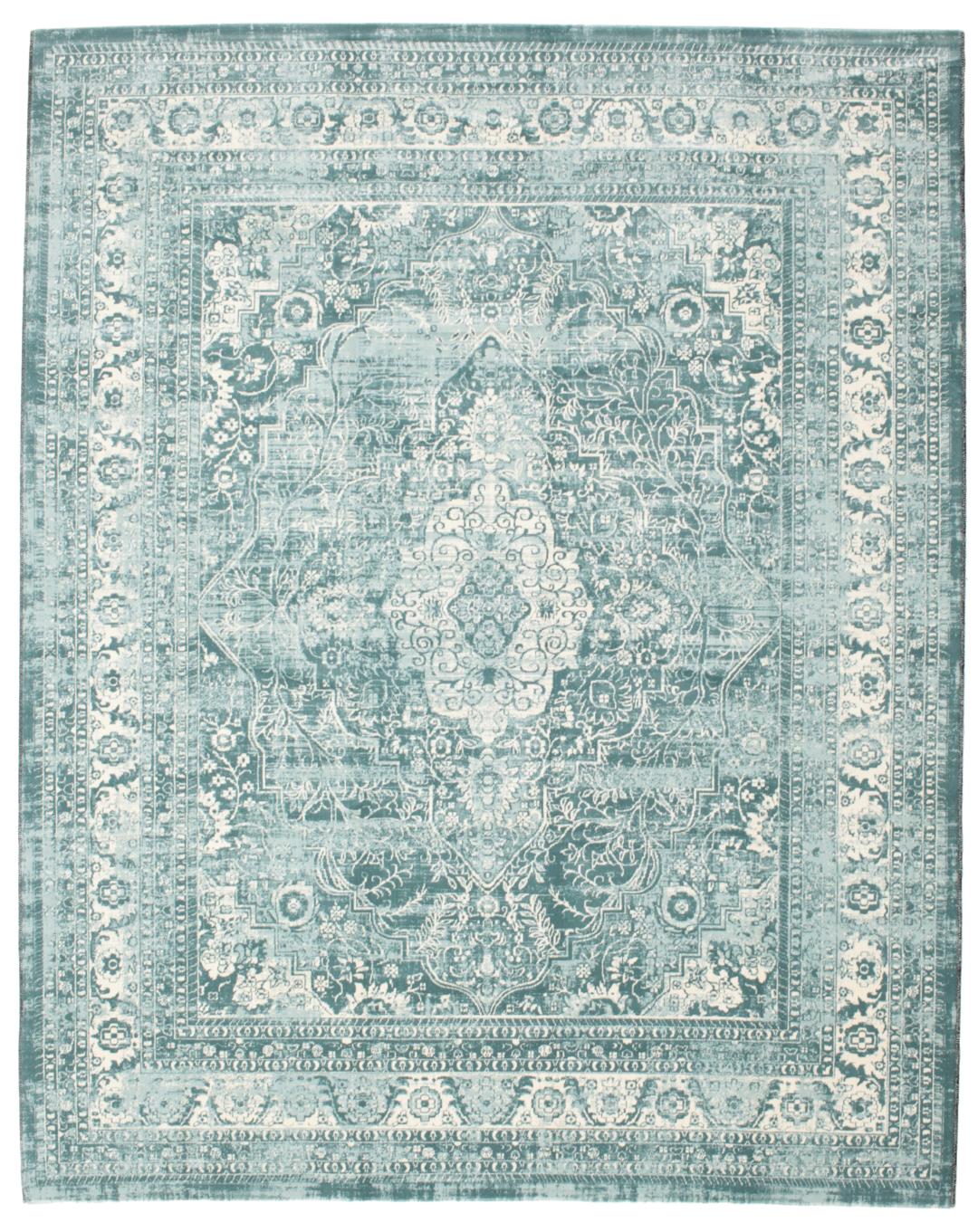 Light blue rug with a traditional patterned border and central medallion.