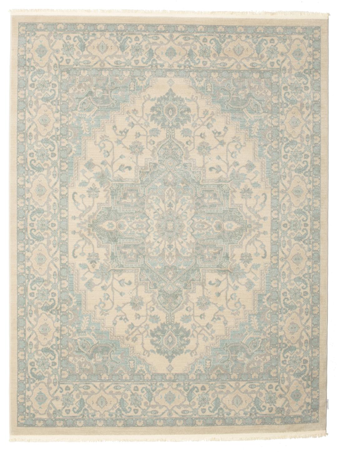 Cremefarvet og lyseblåt tæppe med et traditionelt mønstret design