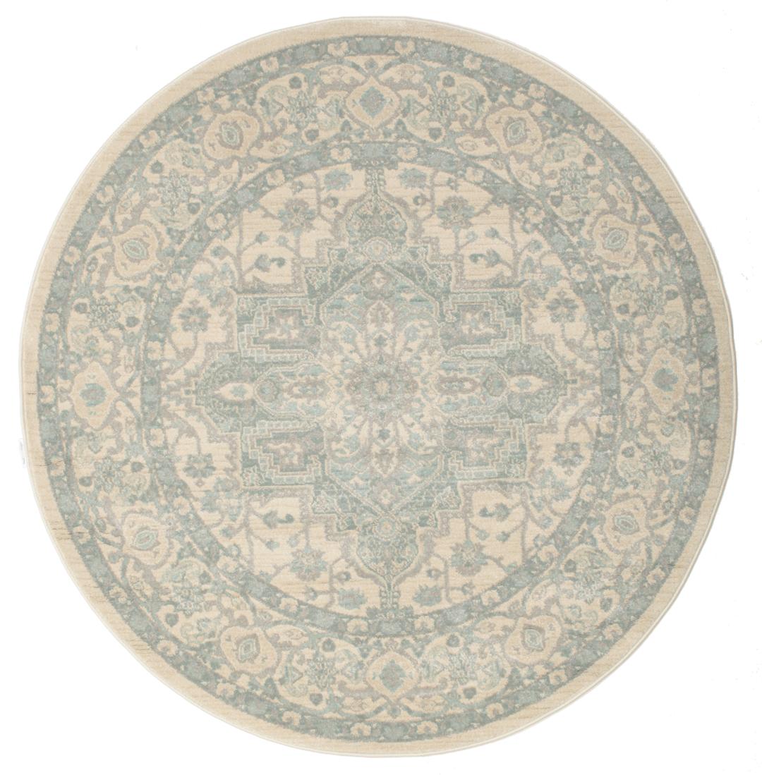 Rond tapijt in crème, beige en lichtblauwe tinten