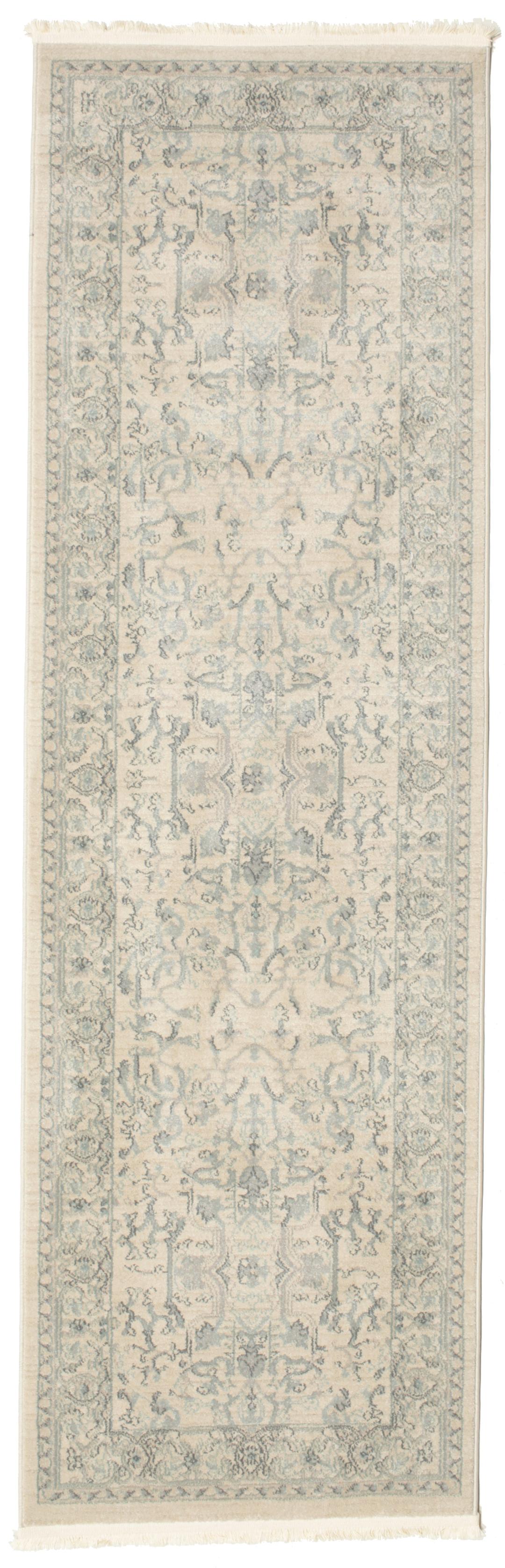 Beige en lichtblauwe loper met franjes