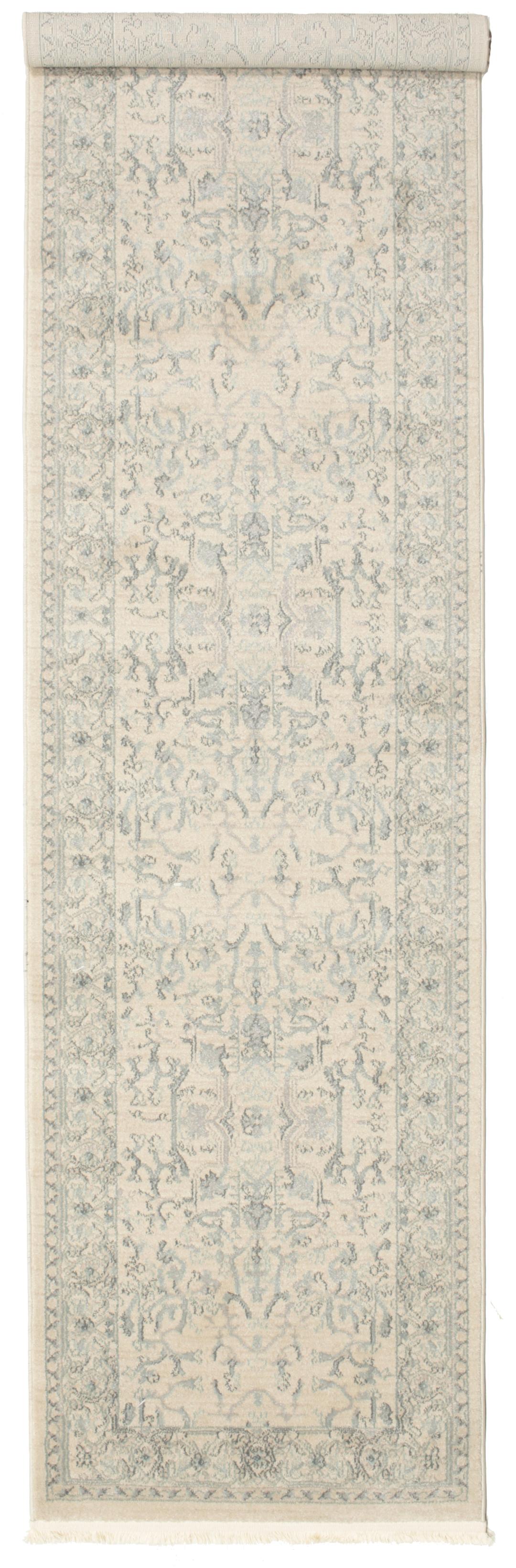 Beige og lyseblå løbertæppe med fringe