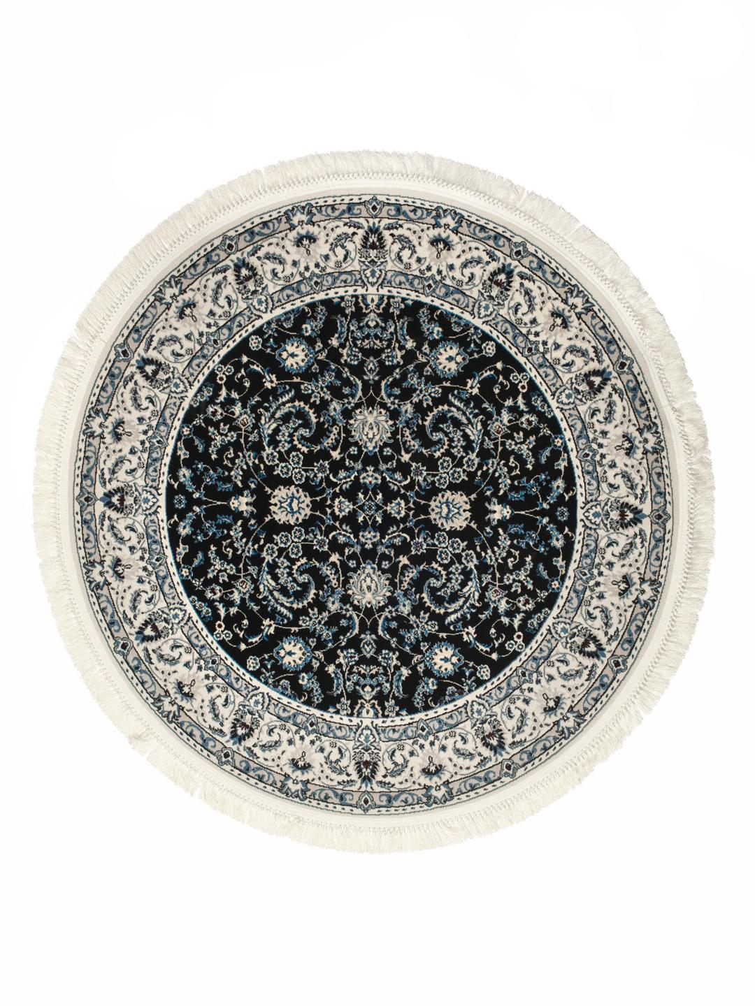 Rond donkerblauw vloerkleed met gedetailleerde decoratieve patronen