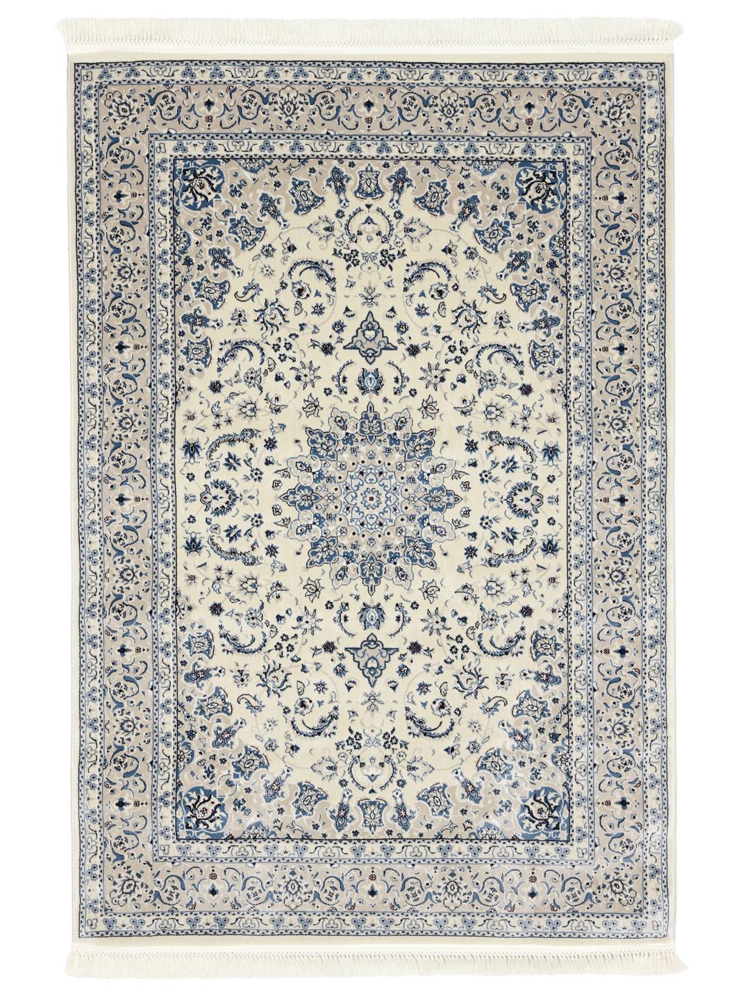 Beige en lichtblauw tapijt met een klassiek medaillonontwerp