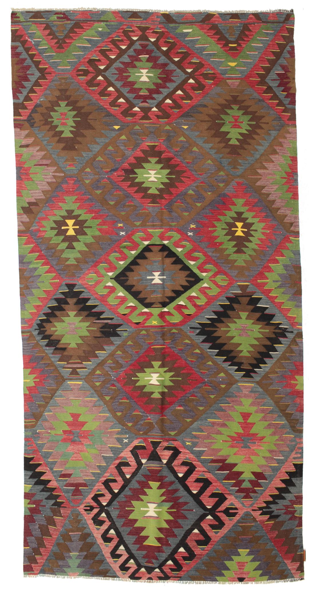 Vintage handgeweven Turks kelimkleed met een geometrisch patroon in multicolor tinten.
