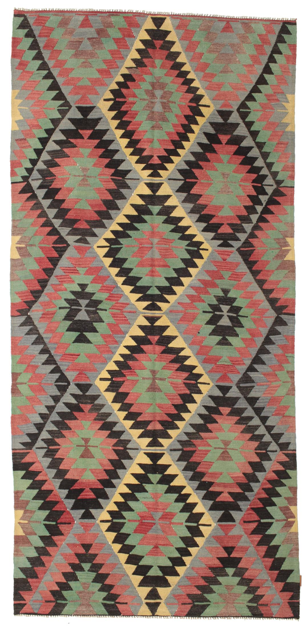 Met de hand geweven Turks Kelim-kleed met levendige geometrische diamantpatronen in multicolor wol