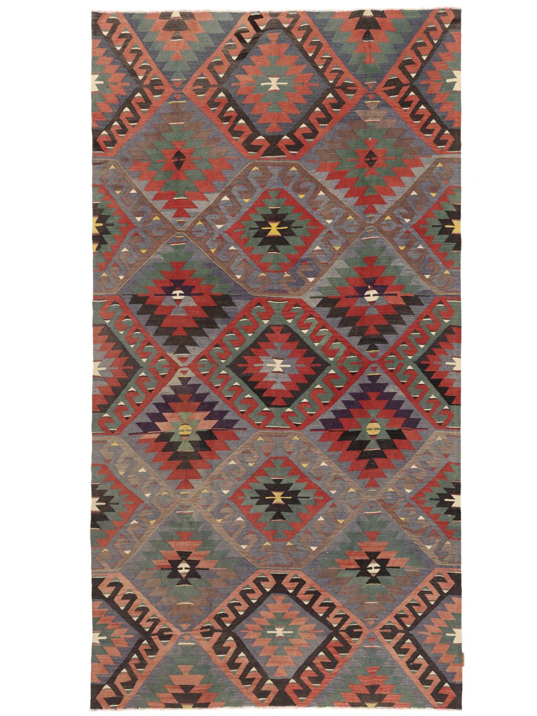Vintage Turks Kilim-tapijt met geometrische ruitpatronen in veelkleurige tinten