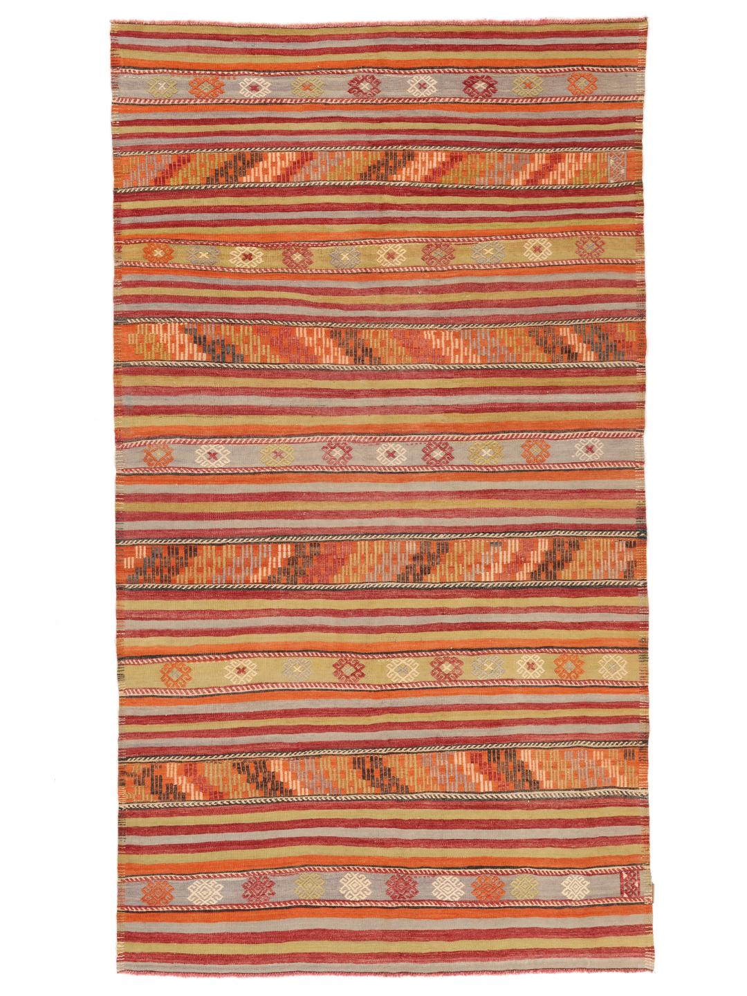 Tapis kilim turc tissé à la main avec des rayures horizontales et des motifs géométriques multicolores