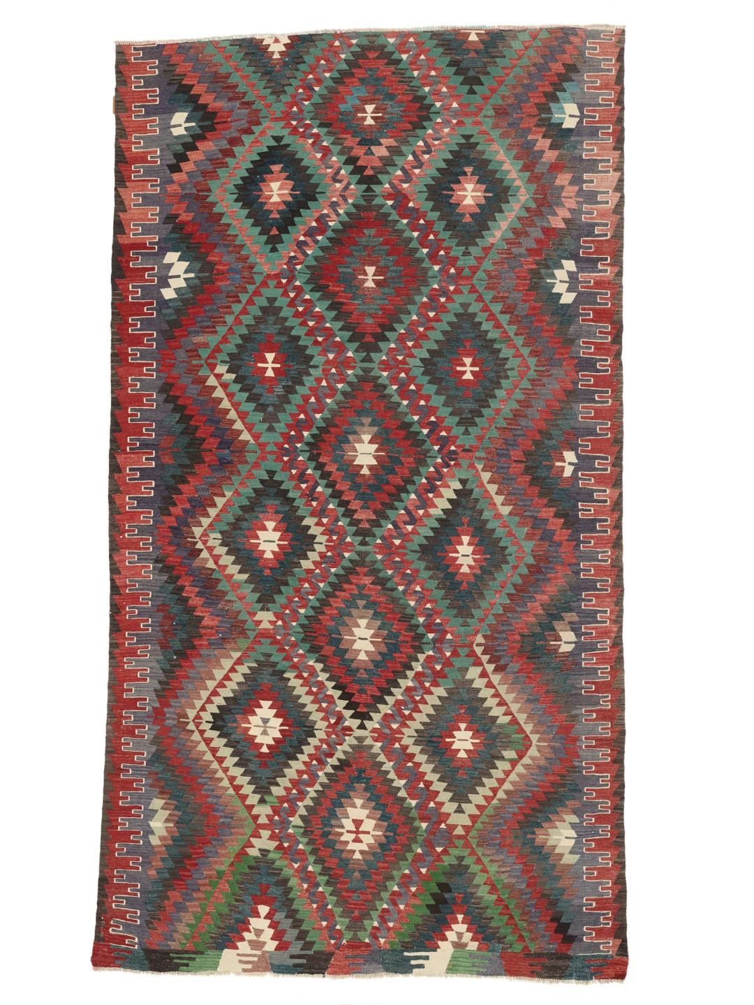 Ręcznie tkany zabytkowy dywan kilim z Turcji w czerwono-turkusowe geometryczne wzory