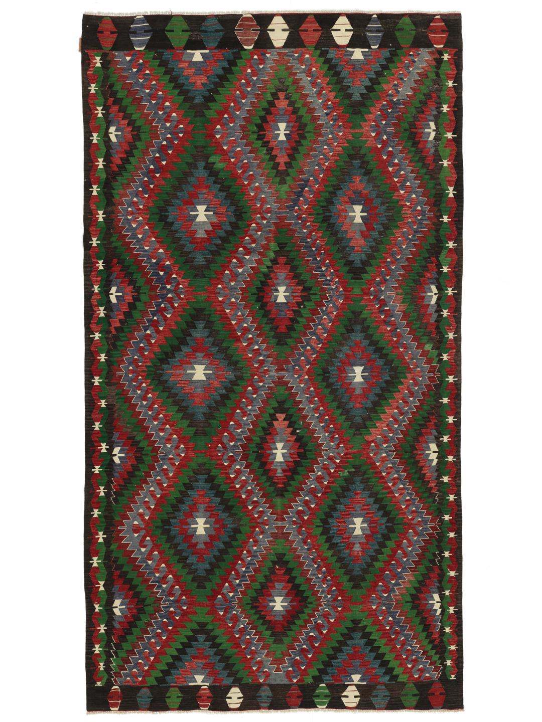 Handgeweven Turks Kilim-tapijt met levendige ruitpatronen in meerkleurige wol