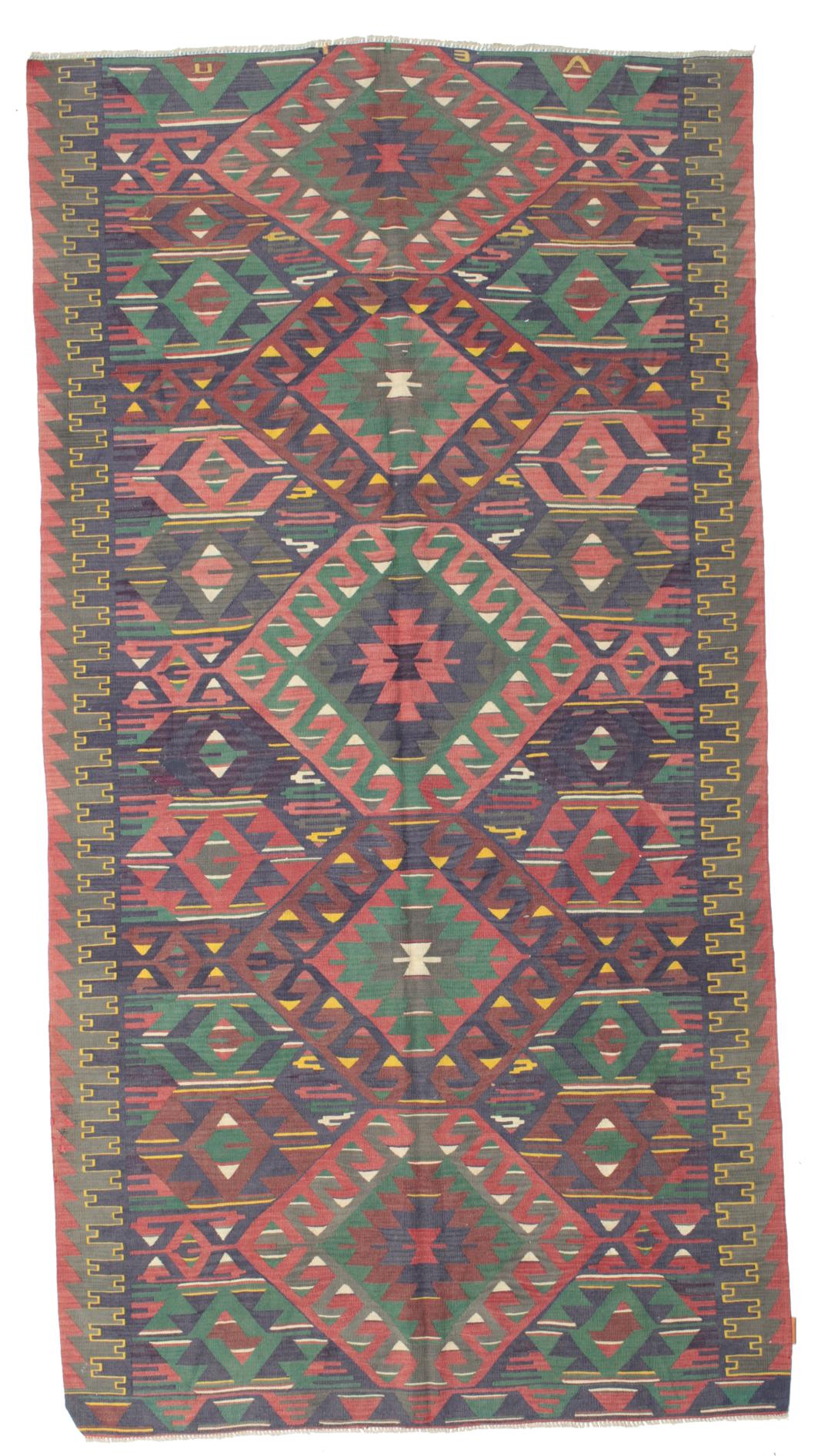 Vintage handgeweven Turks kelimkleed met geometrische ruitpatronen in multicolor