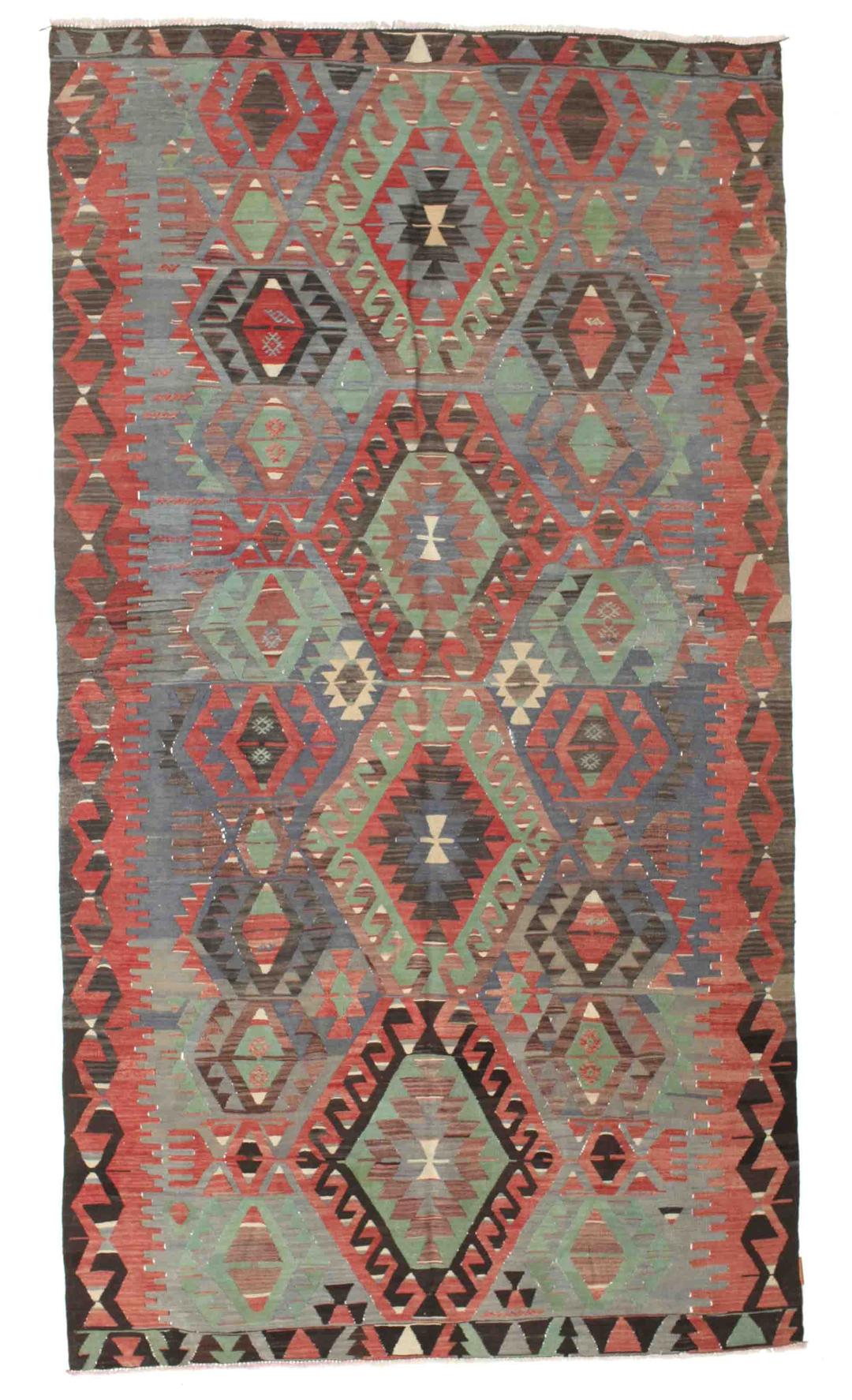 Handgeweven vintage Kelim-kleed uit Turkije met een veelkleurig geometrisch patroon