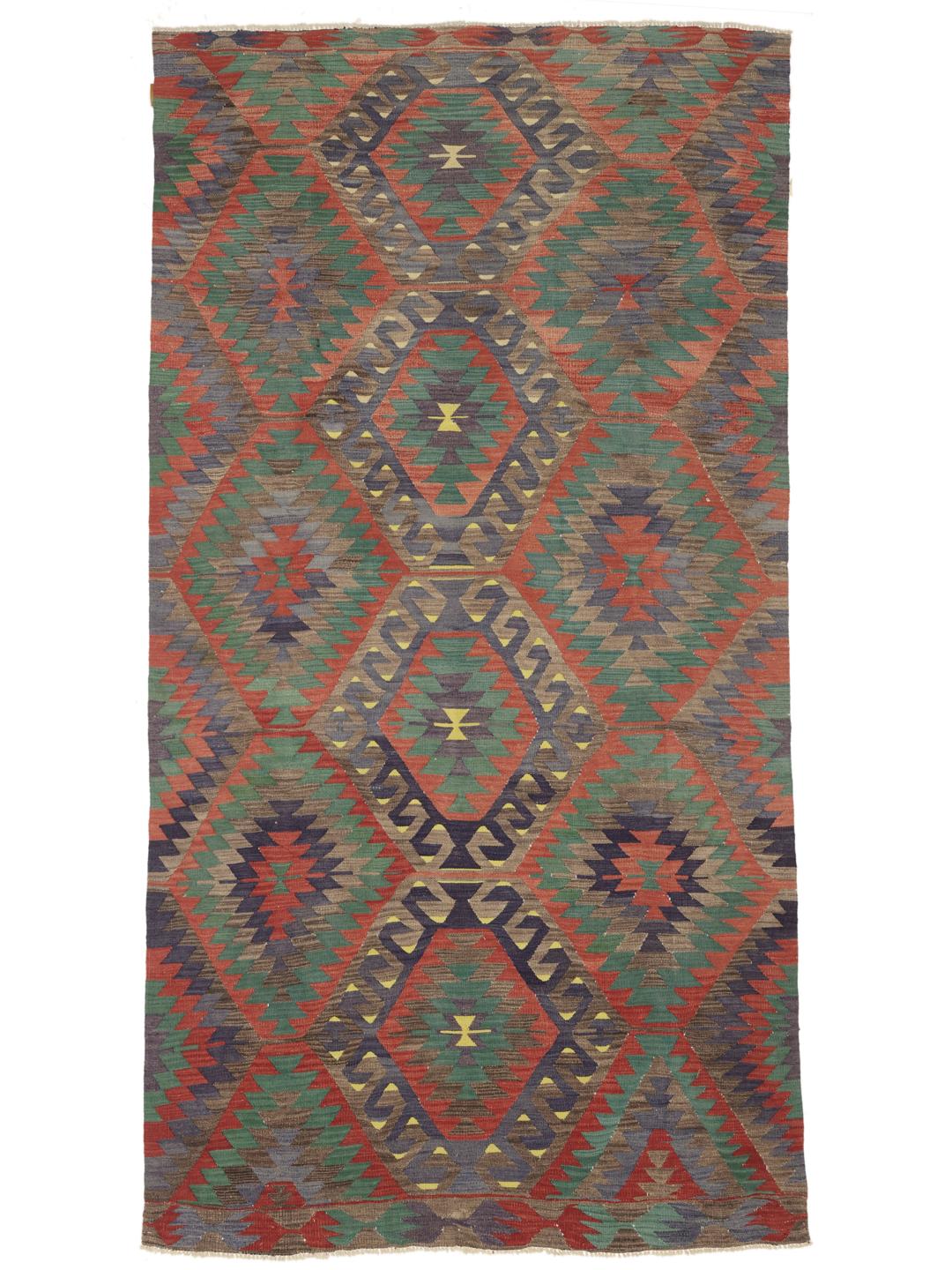 Vintage Turks Kelim-tapijt met geometrische veelkleurige patronen