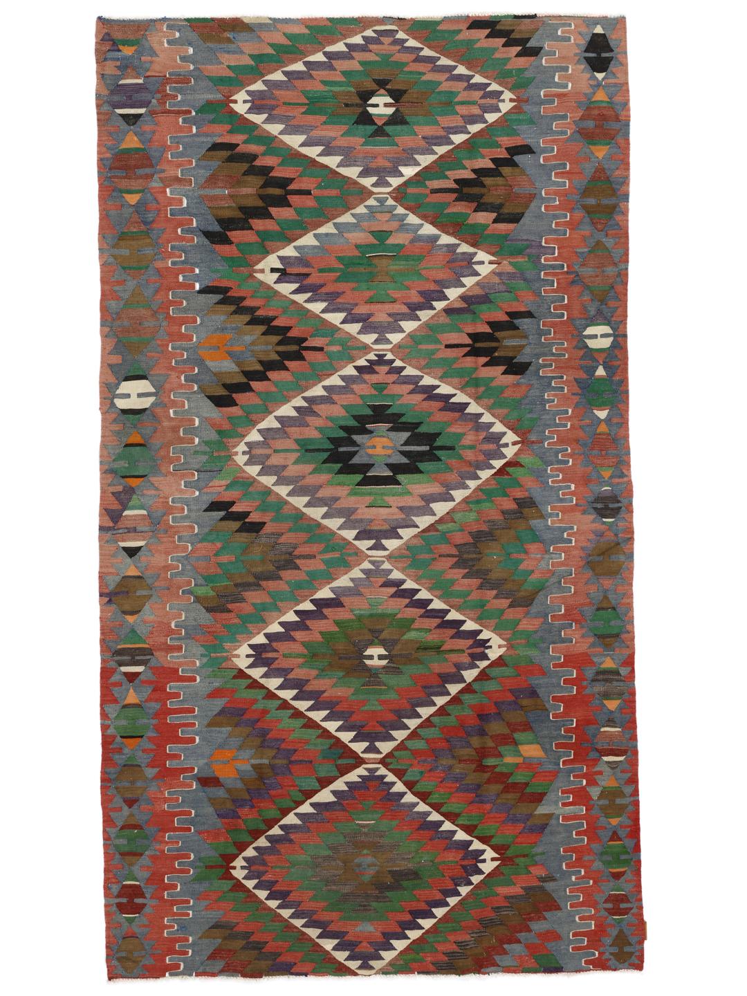Tapis kelim turc vintage tissé à la main avec des motifs géométriques en losanges multicolores