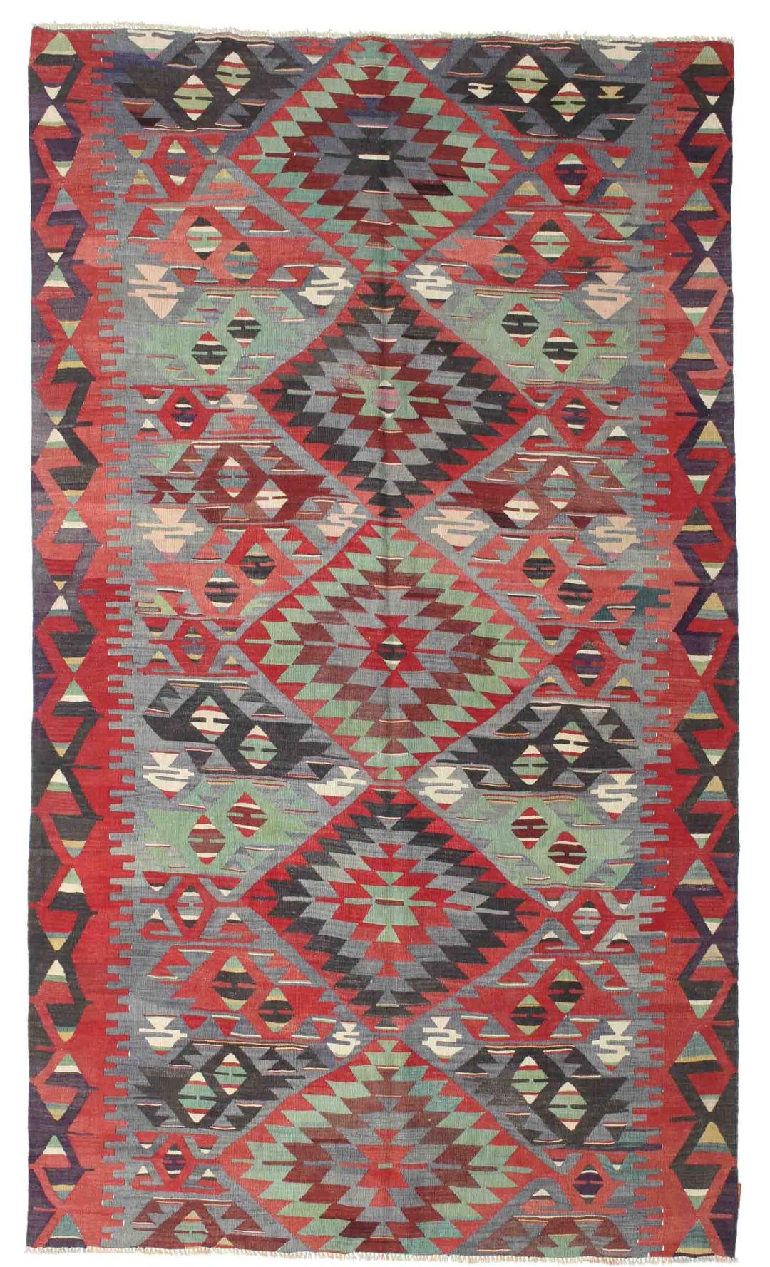 Vintage handgeweven Turks Kelim vloerkleed met geometrische patronen in rood en groen